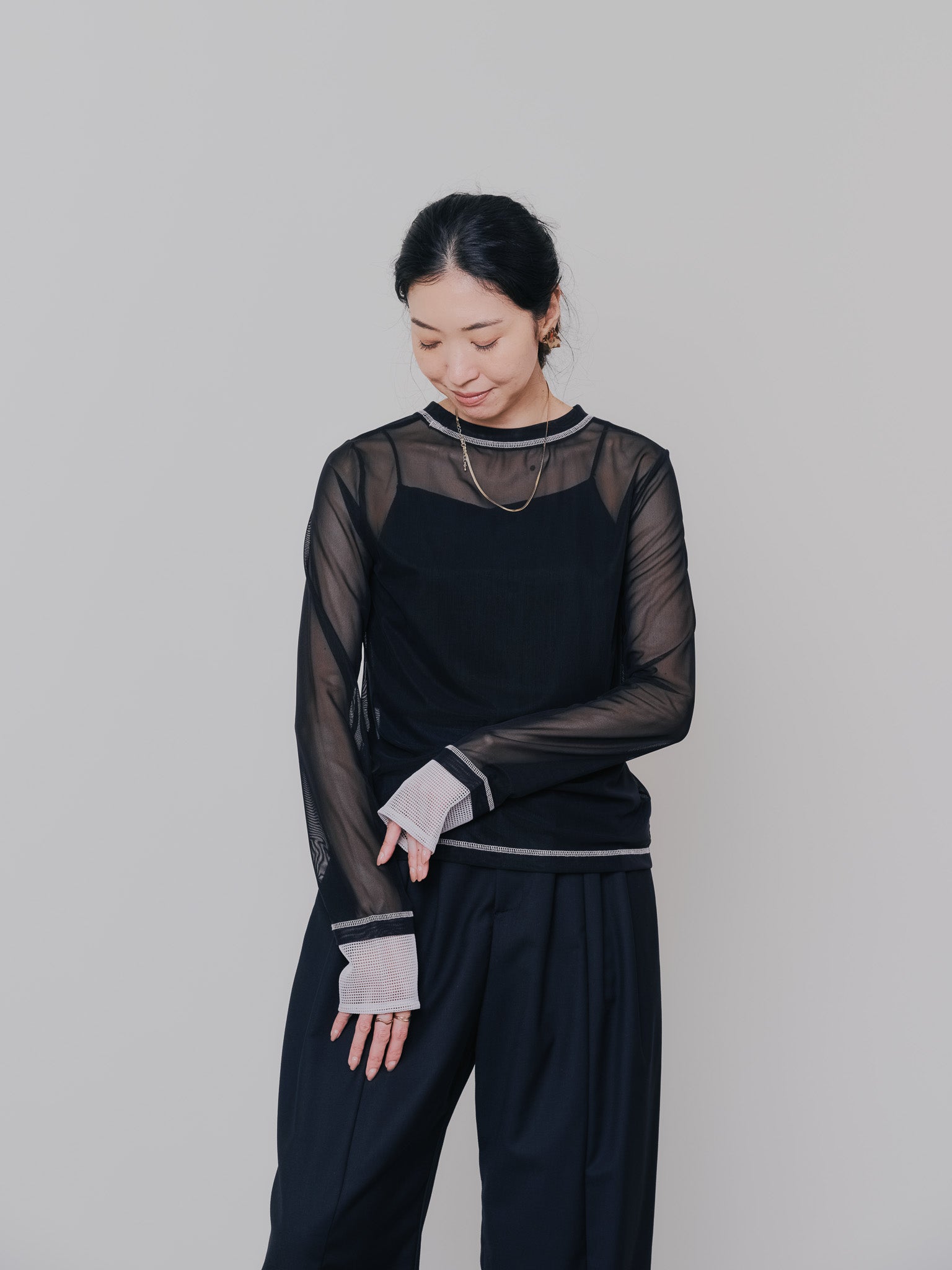 スリーブメッシュ配色ステッチシアートップス [601352] black