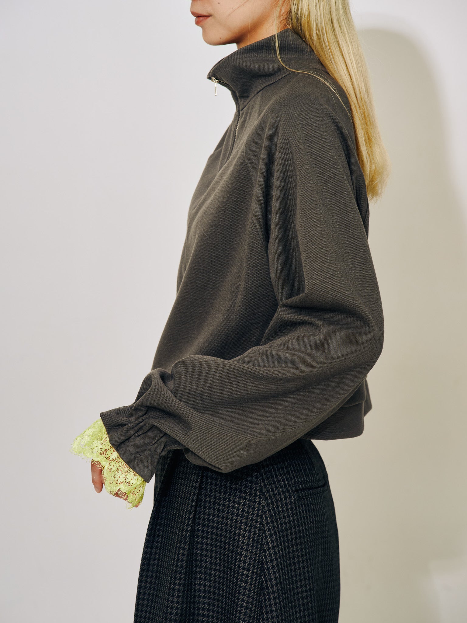 【SALE】ハーフジップ配色レーストップス [605529] charcoal