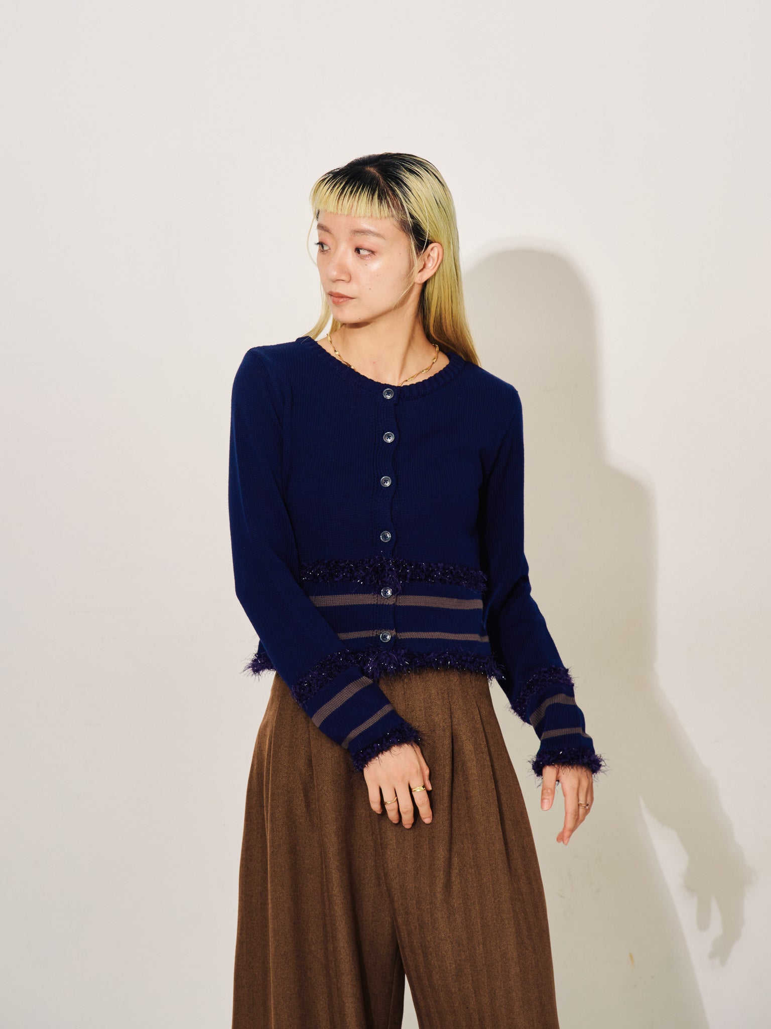 ポイントポップコーンマルチボーダーニットカーディガン [601458] dark navy