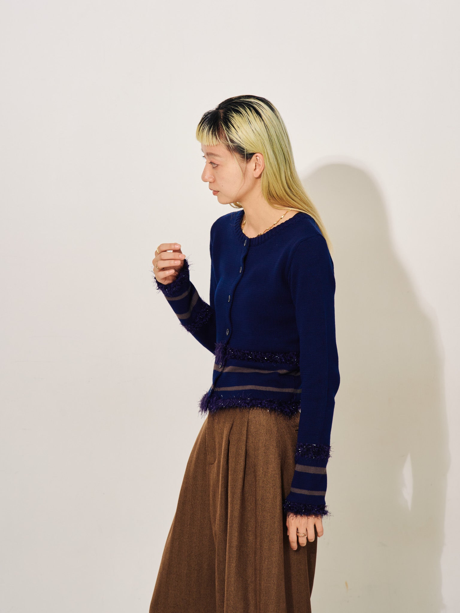 ポイントポップコーンマルチボーダーニットカーディガン [601458] dark navy