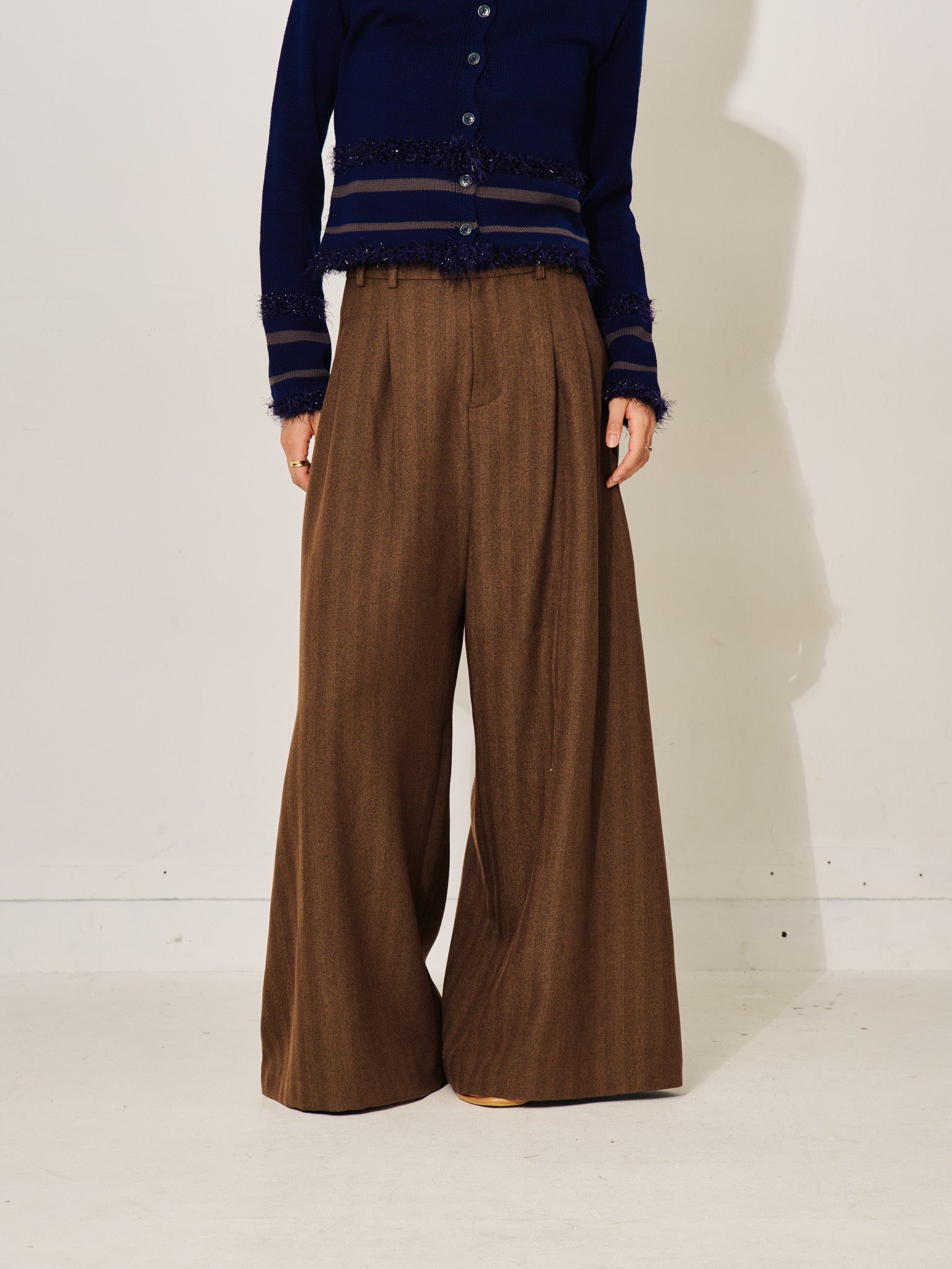 柄タックビックワイドパンツ [608320] brown