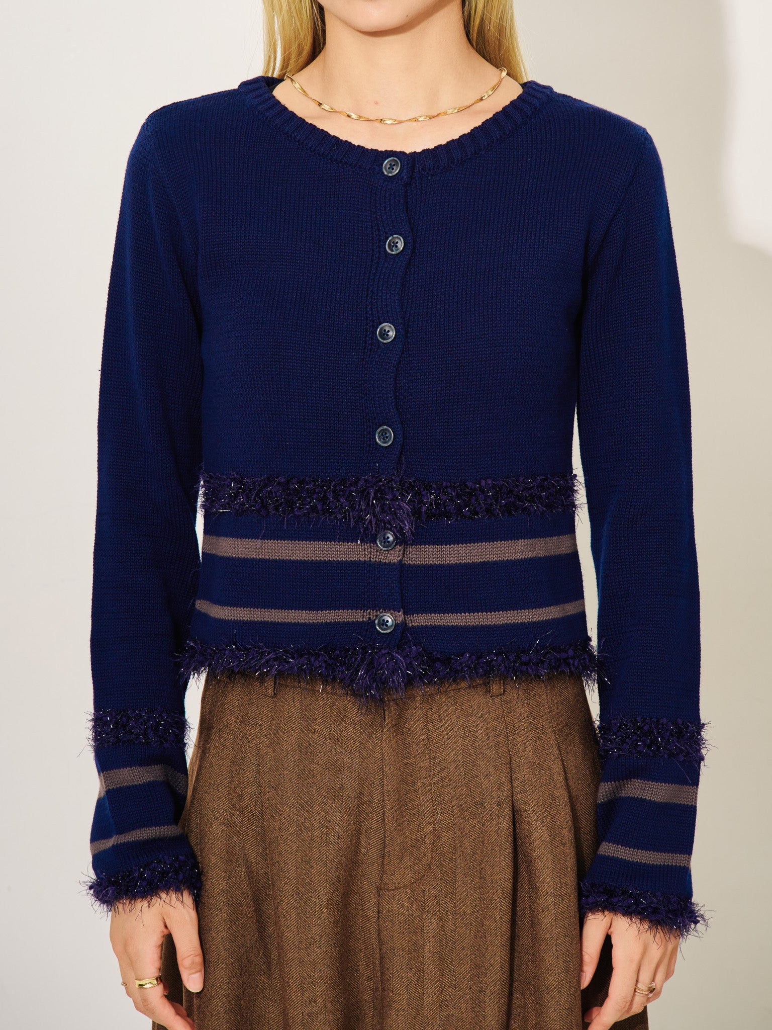 ポイントポップコーンマルチボーダーニットカーディガン [601458] dark navy