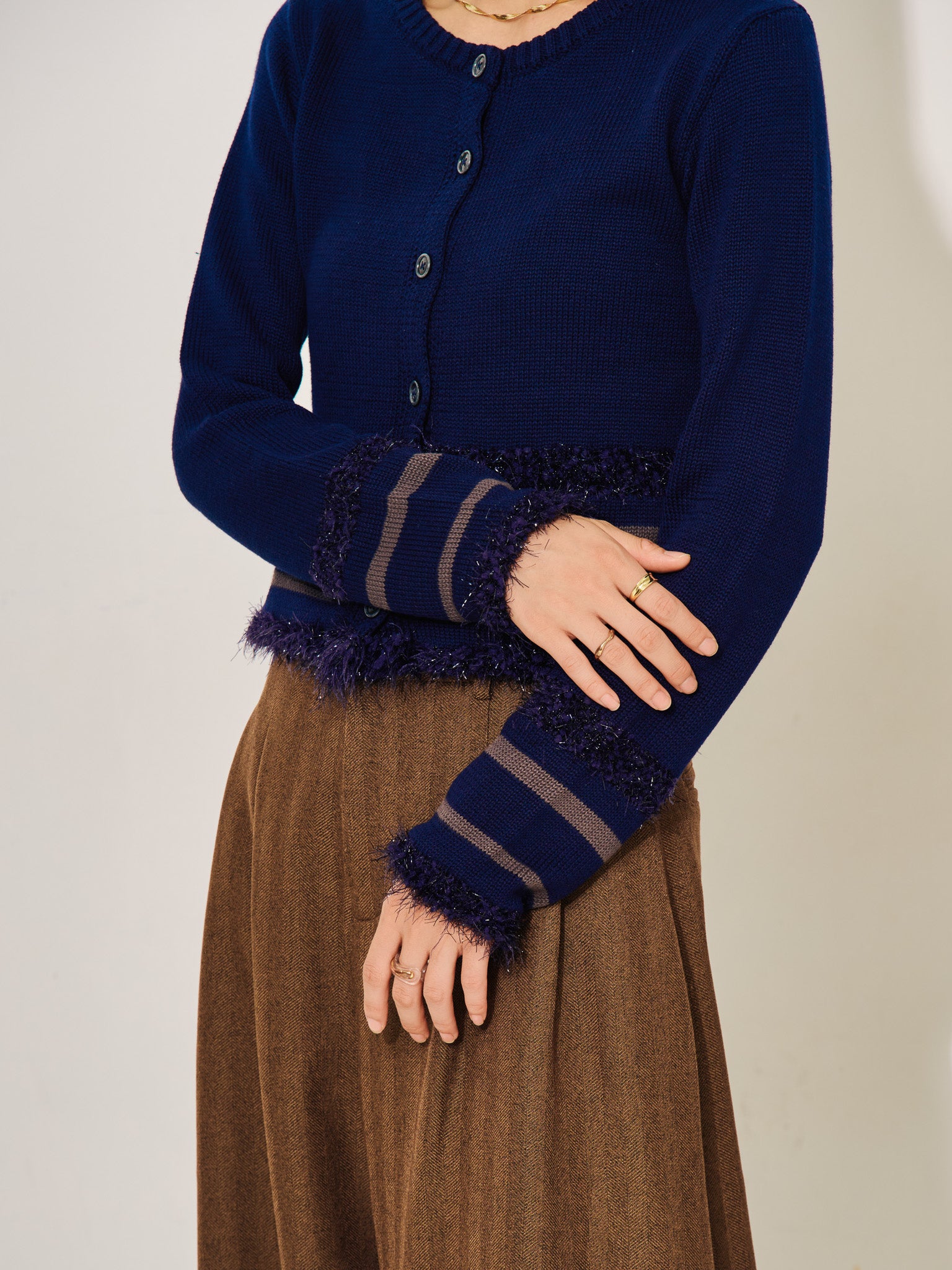 ポイントポップコーンマルチボーダーニットカーディガン [601458] dark navy