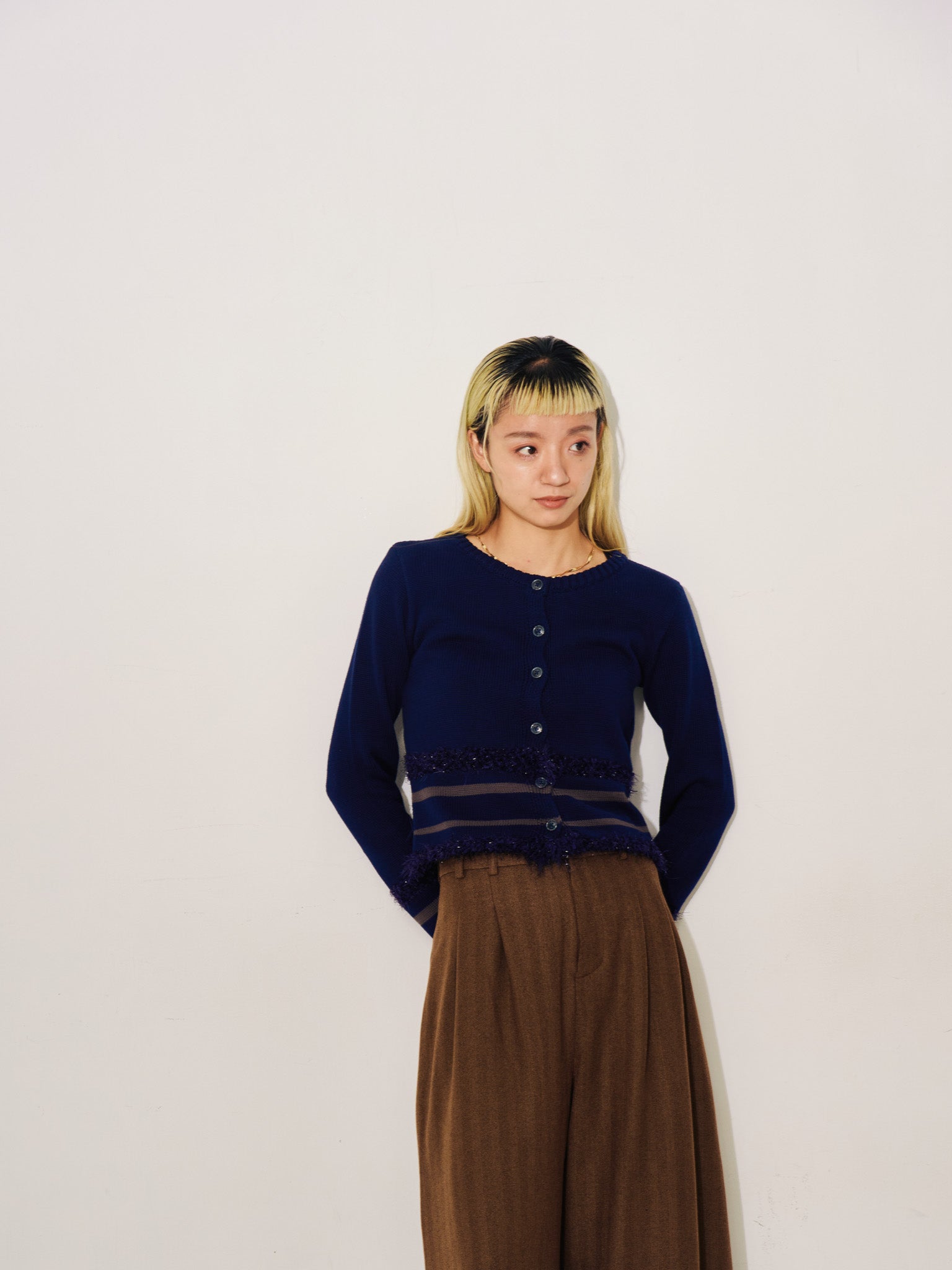 ポイントポップコーンマルチボーダーニットカーディガン [601458] dark navy