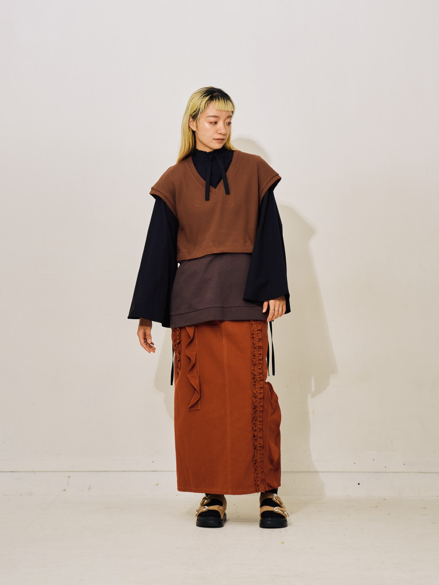 【-PRE SALE- 12/15 18:00まで!!】ミックスフリルカツラギタイトスカート [601358] red brown