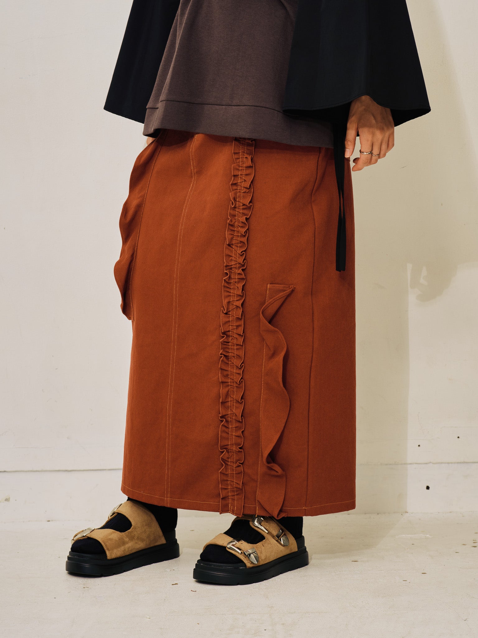 【-PRE SALE- 12/15 18:00まで!!】ミックスフリルカツラギタイトスカート [601358] red brown