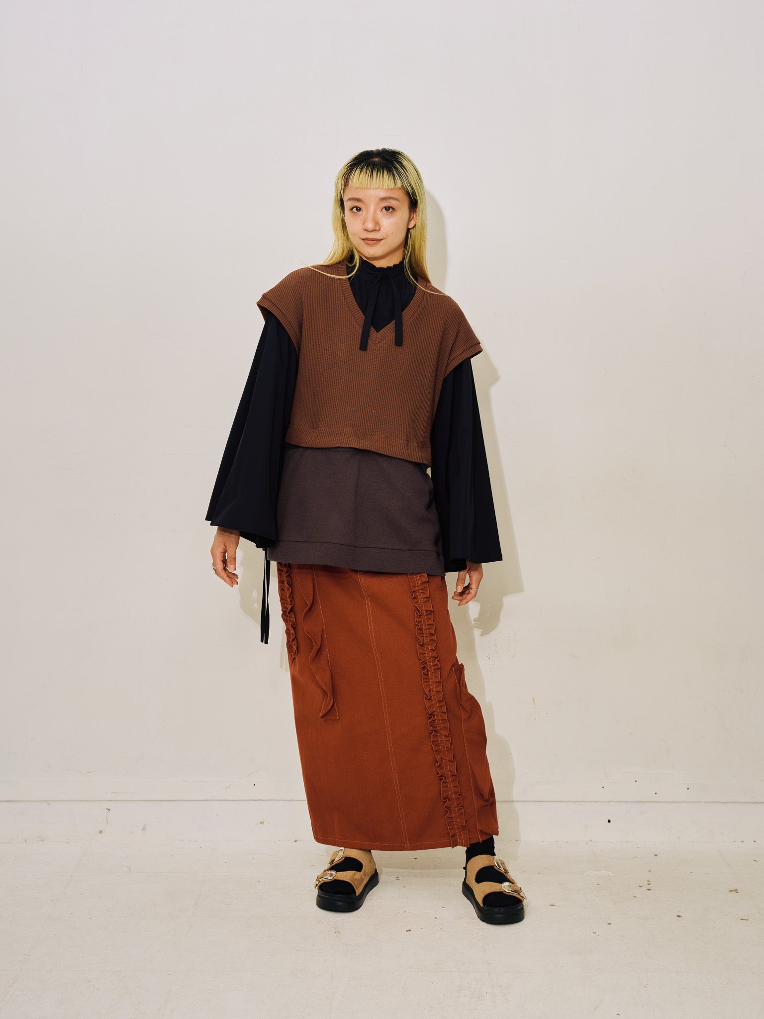 【SALE】ミックスフリルカツラギタイトスカート [601358] red brown