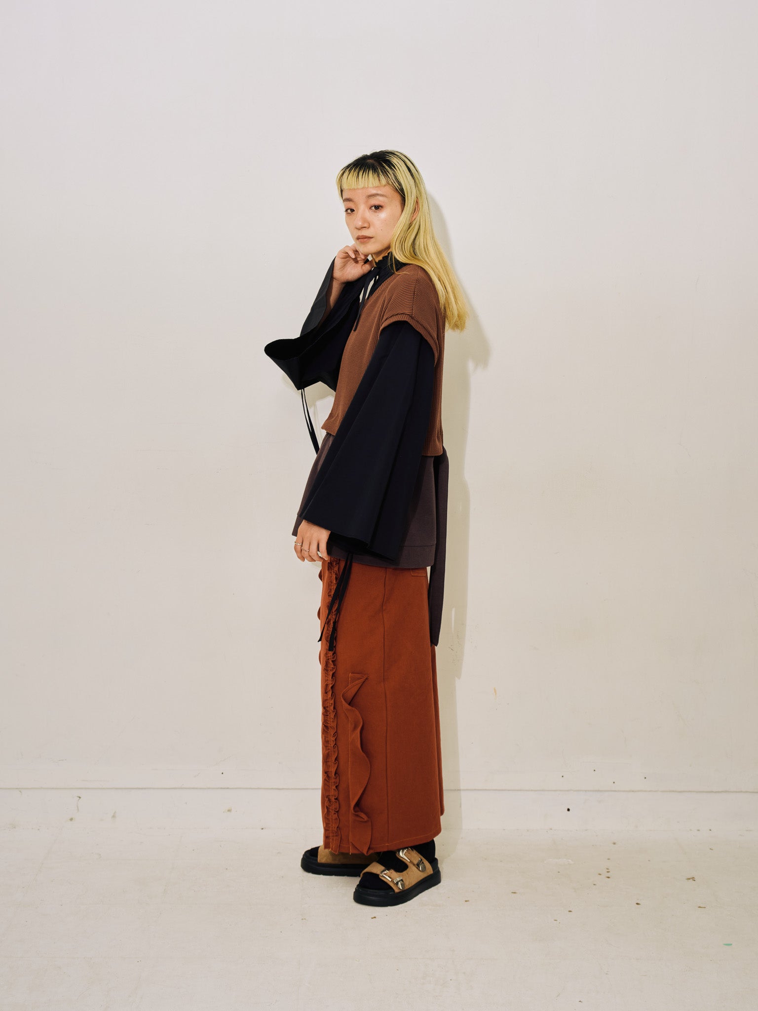 【SALE】ミックスフリルカツラギタイトスカート [601358] red brown