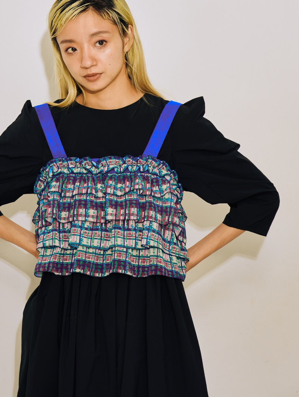 【TIME SALE 11/4まで!!】チェックプリントフリルティアードビスチェ [603335] ivory