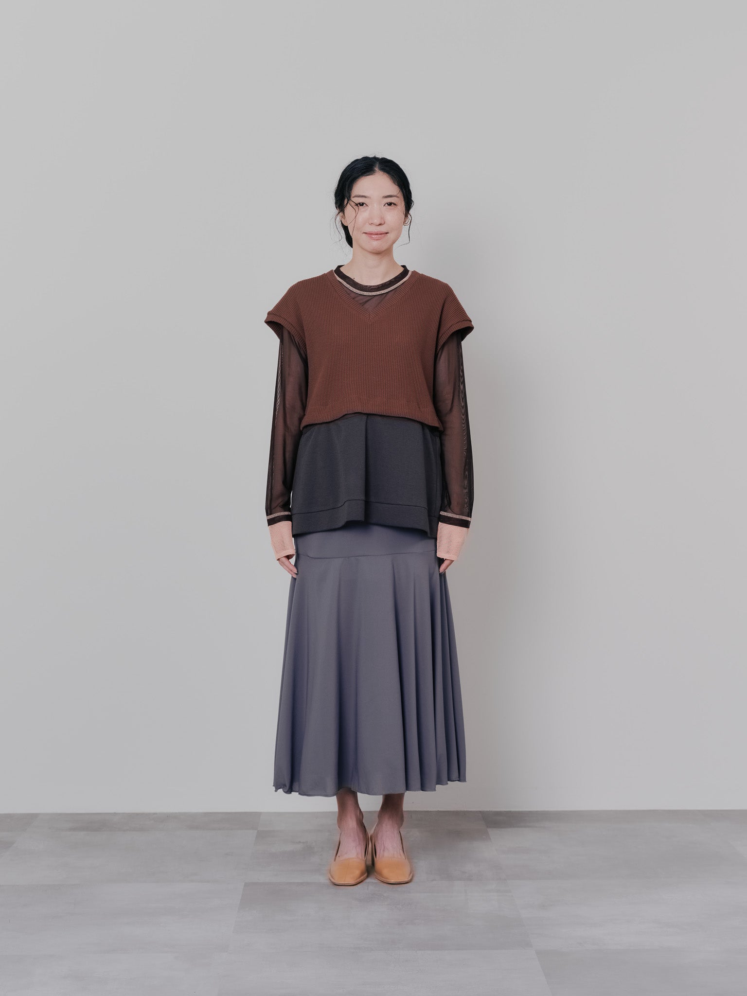 スリーブメッシュ配色ステッチシアートップス [601352] brown