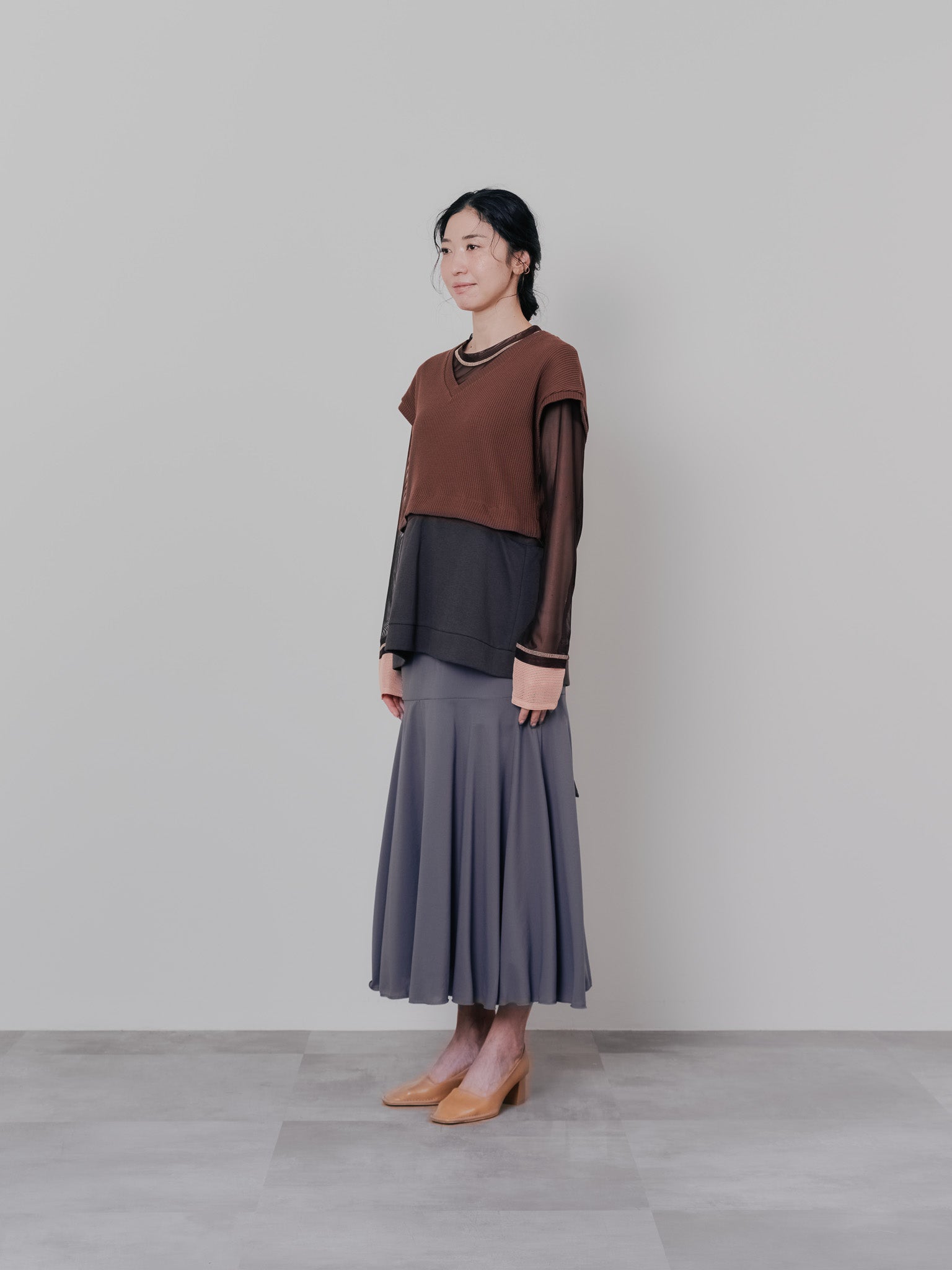 スリーブメッシュ配色ステッチシアートップス [601352] brown