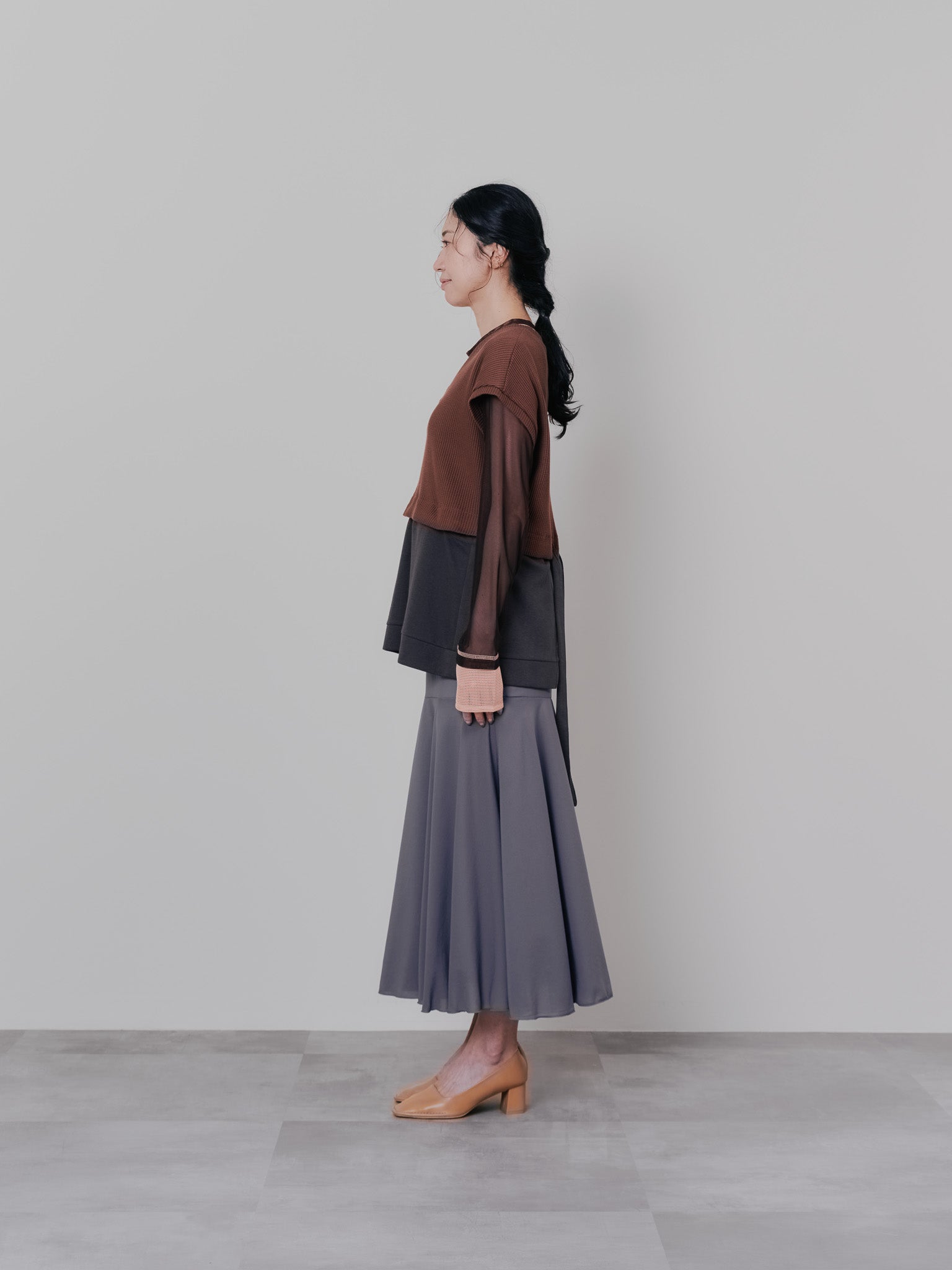 スリーブメッシュ配色ステッチシアートップス [601352] brown