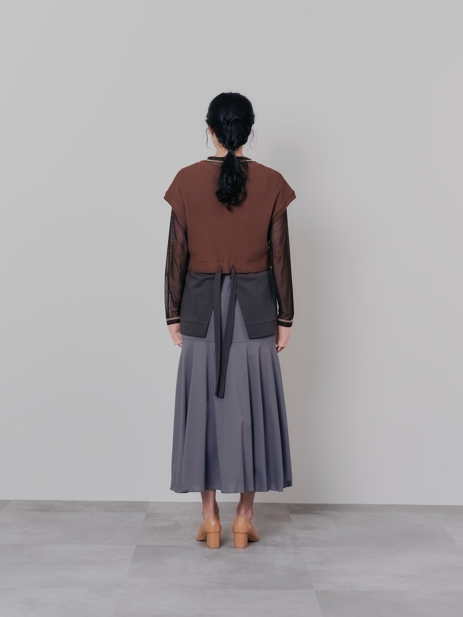 スリーブメッシュ配色ステッチシアートップス [601352] brown