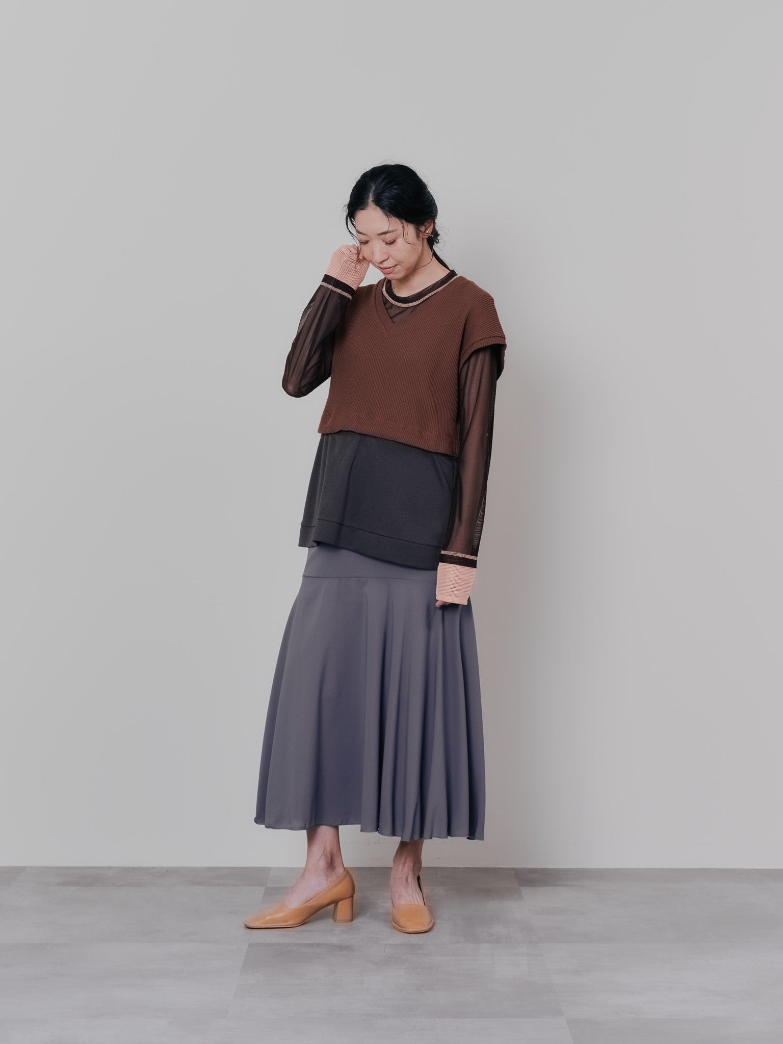 スリーブメッシュ配色ステッチシアートップス [601352] brown