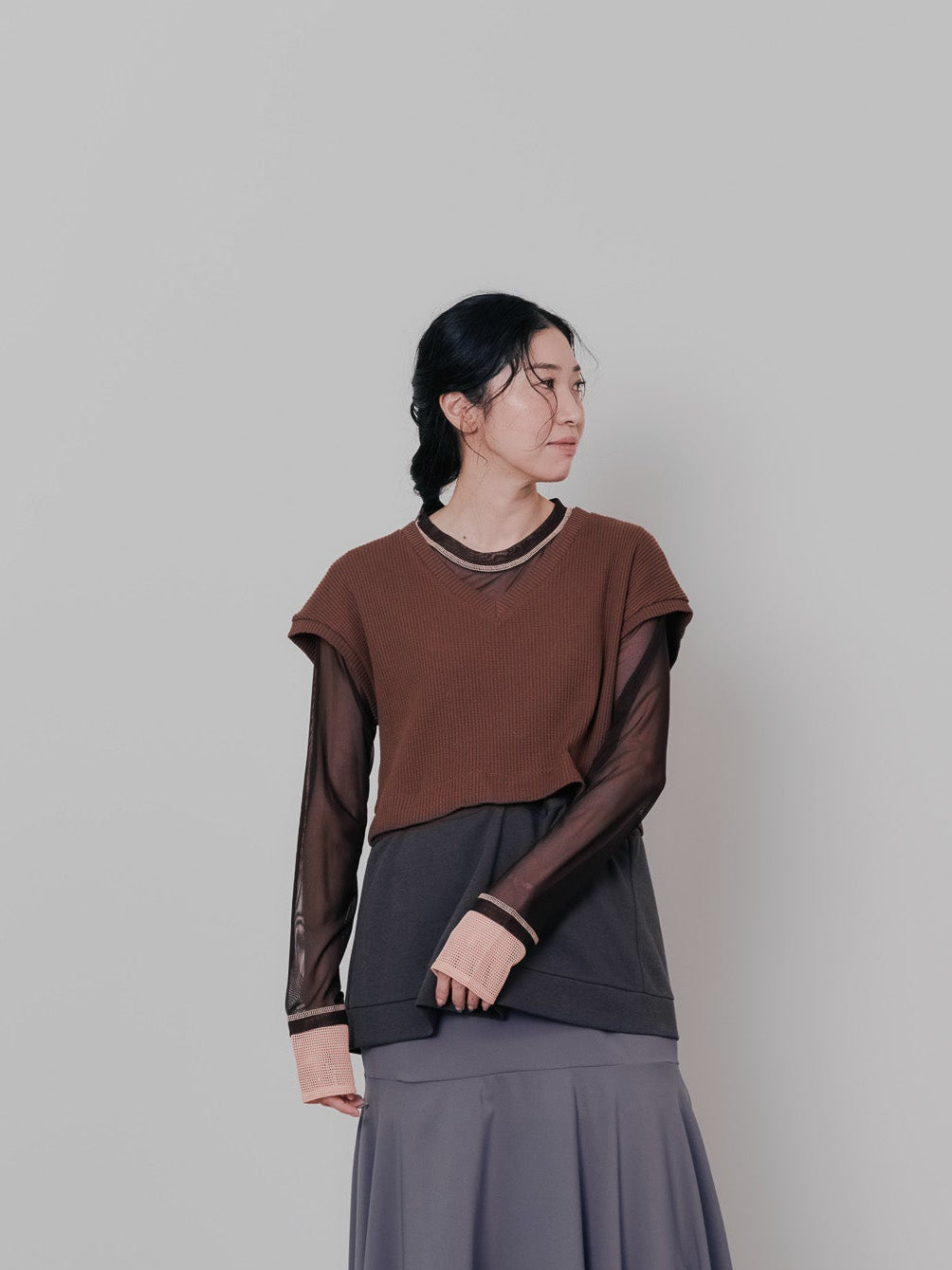 【TIME SALE 11/4まで!!】ヘム2WAYワッフルベスト [601355] brown