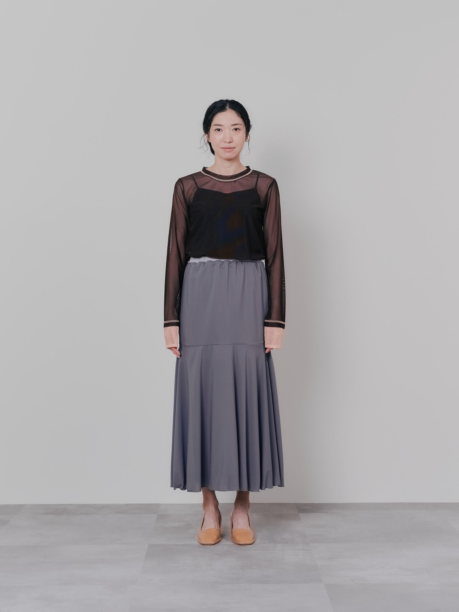 スリーブメッシュ配色ステッチシアートップス [601352] brown