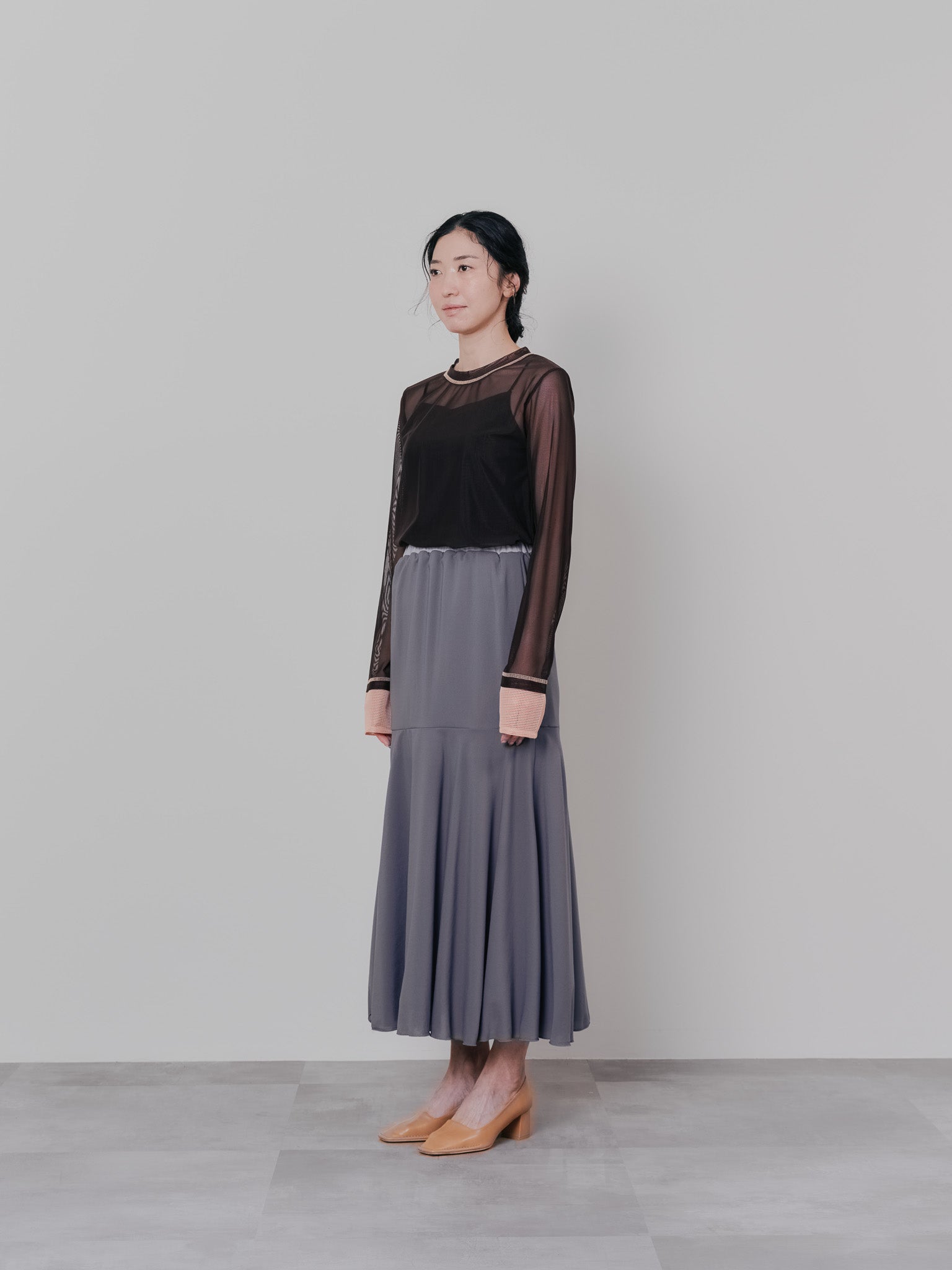 スリーブメッシュ配色ステッチシアートップス [601352] brown