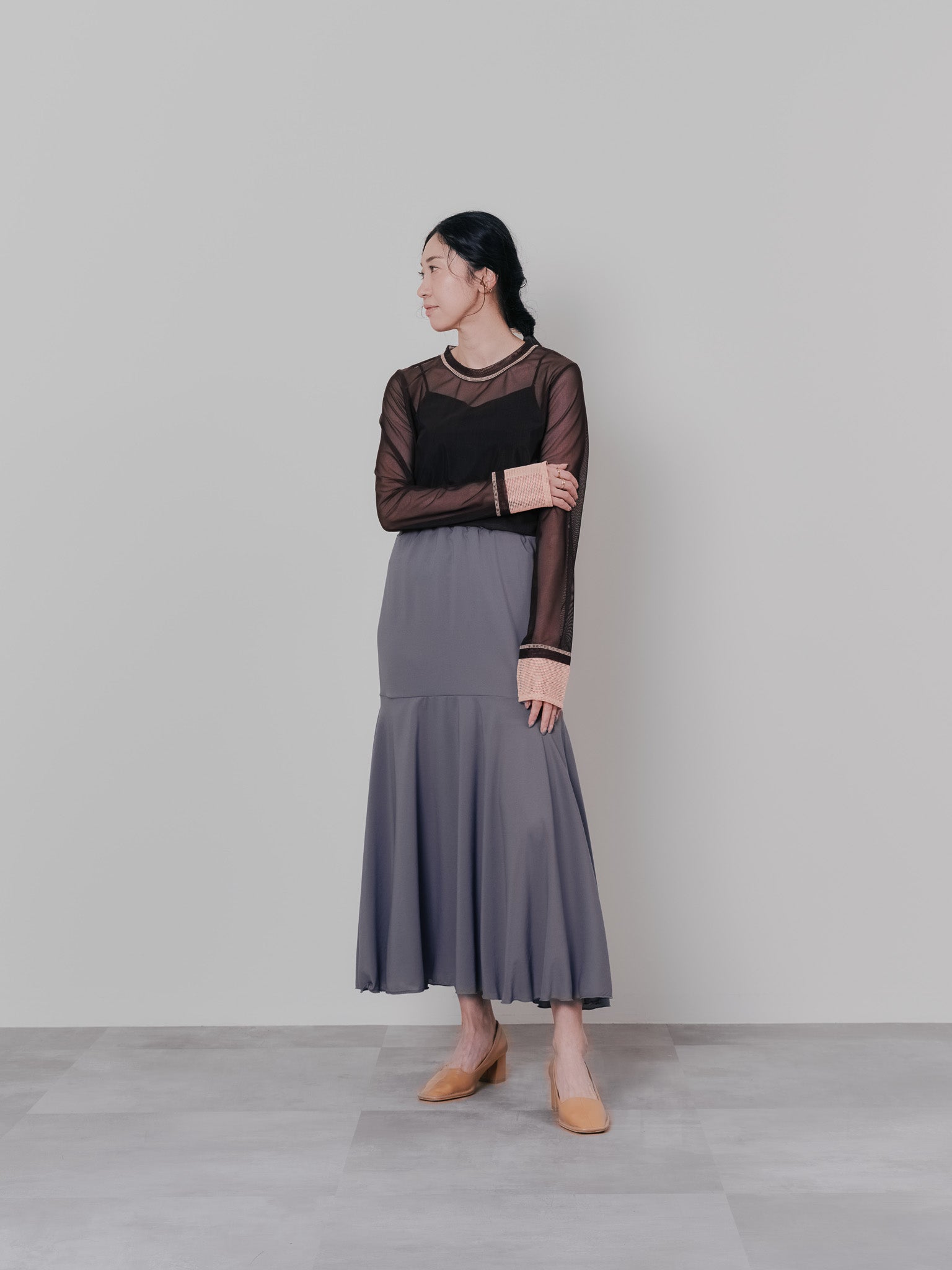 スリーブメッシュ配色ステッチシアートップス [601352] brown