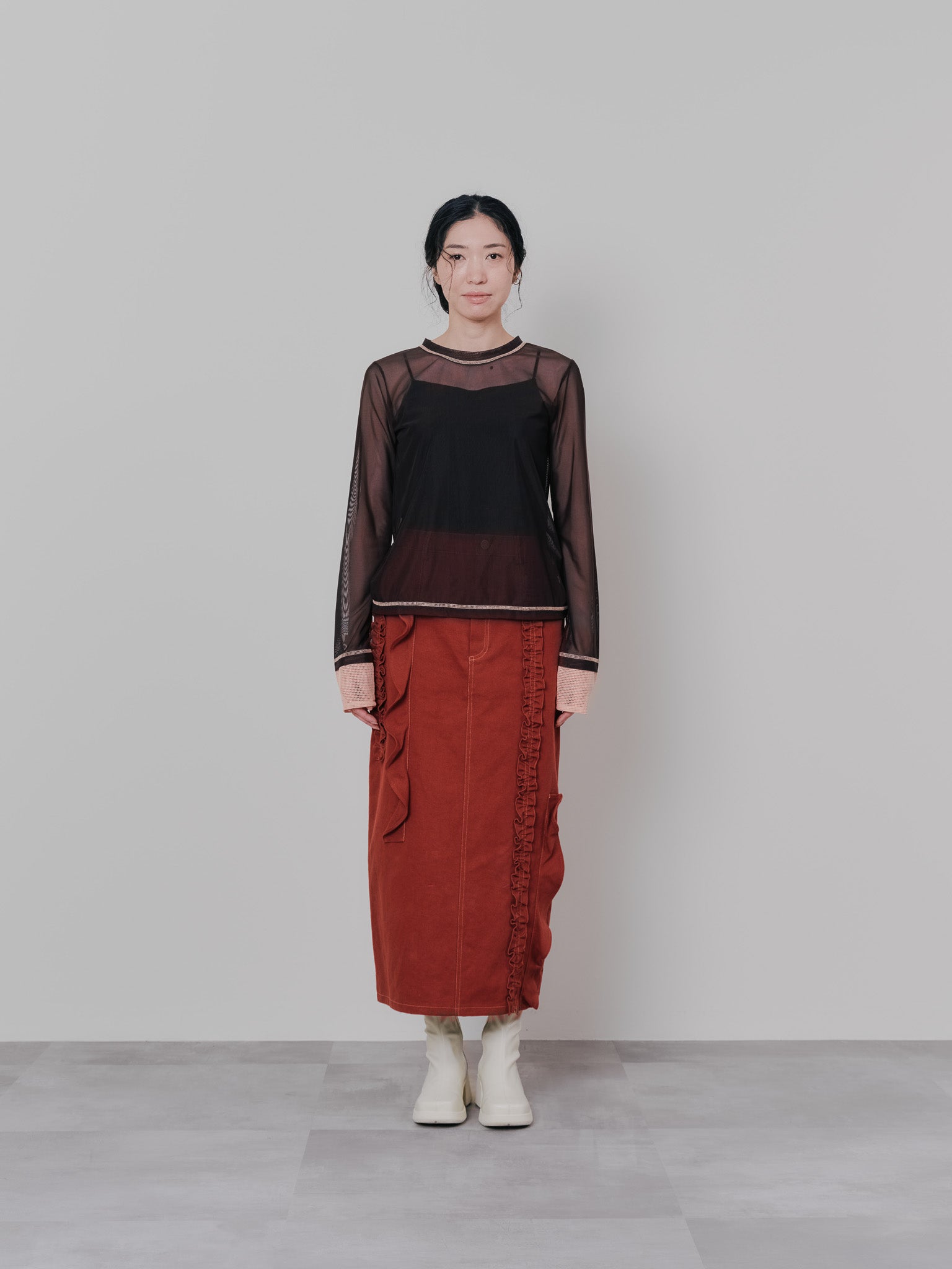 スリーブメッシュ配色ステッチシアートップス [601352] brown