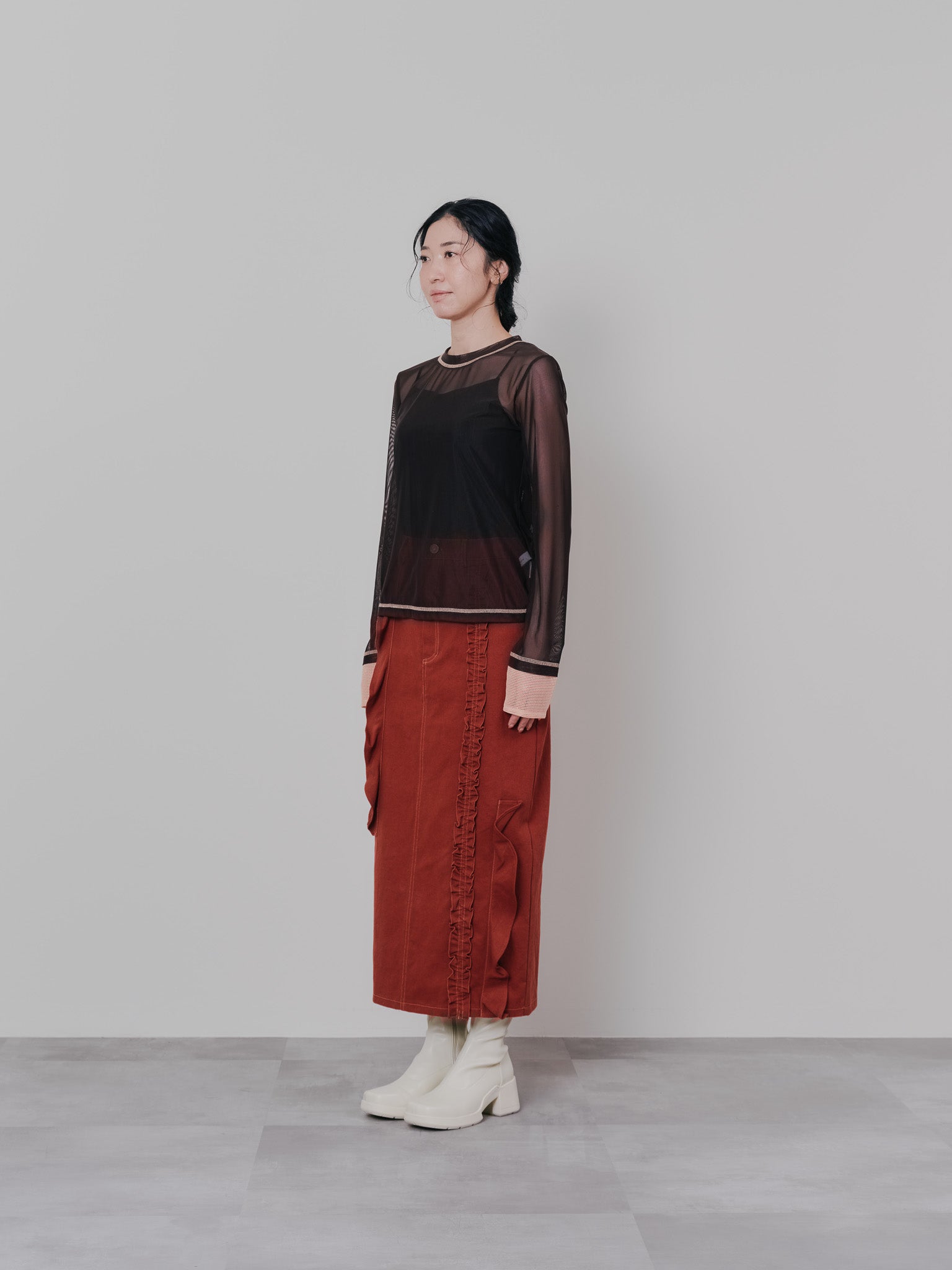 スリーブメッシュ配色ステッチシアートップス [601352] brown