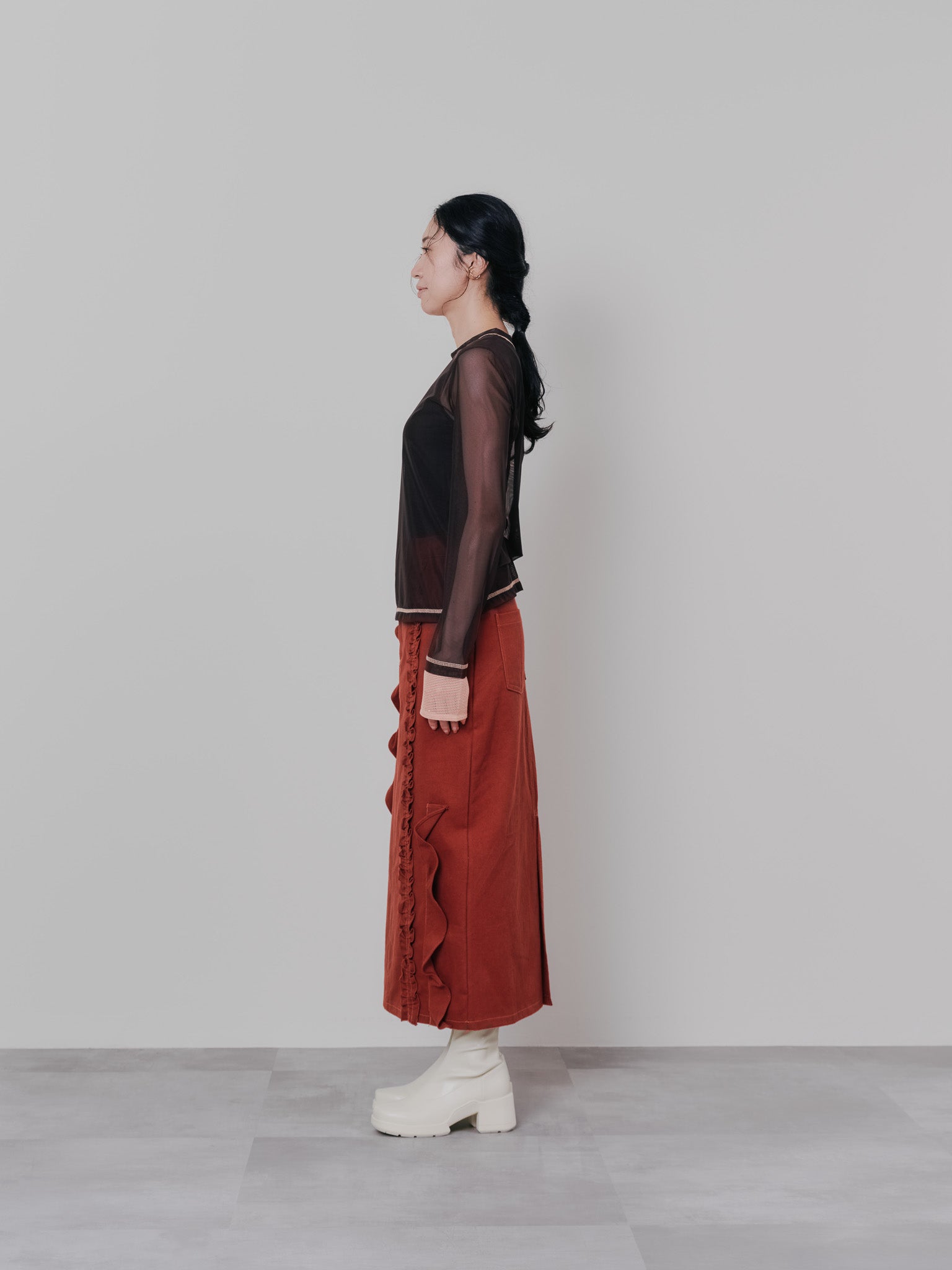 スリーブメッシュ配色ステッチシアートップス [601352] brown