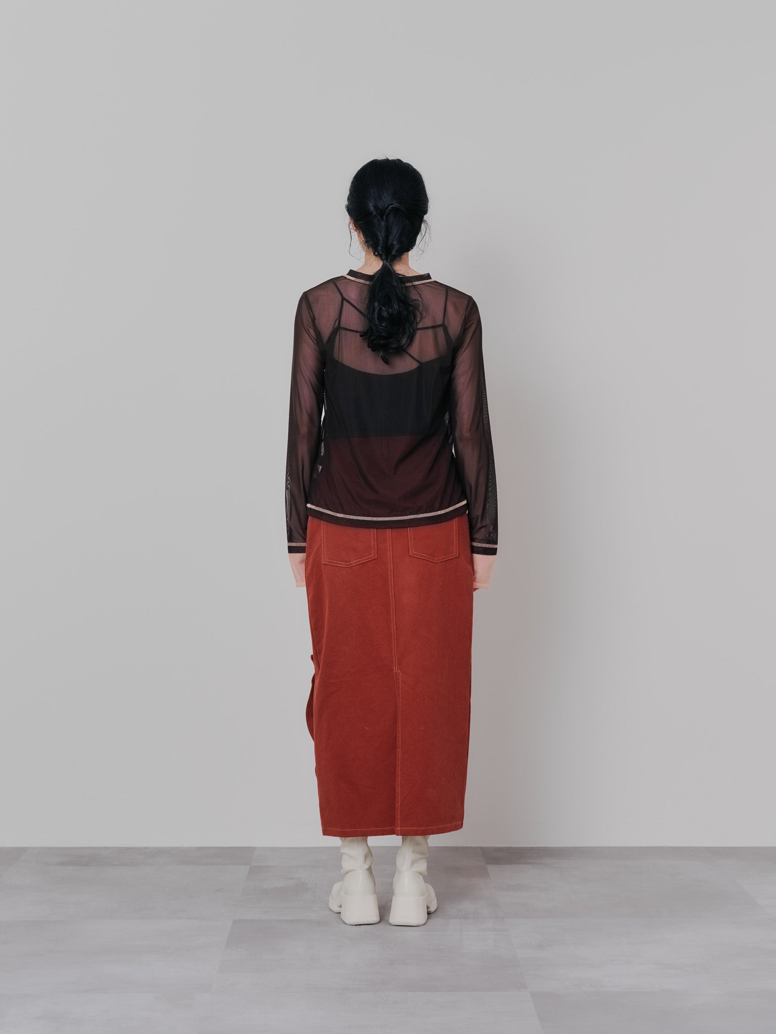 スリーブメッシュ配色ステッチシアートップス [601352] brown