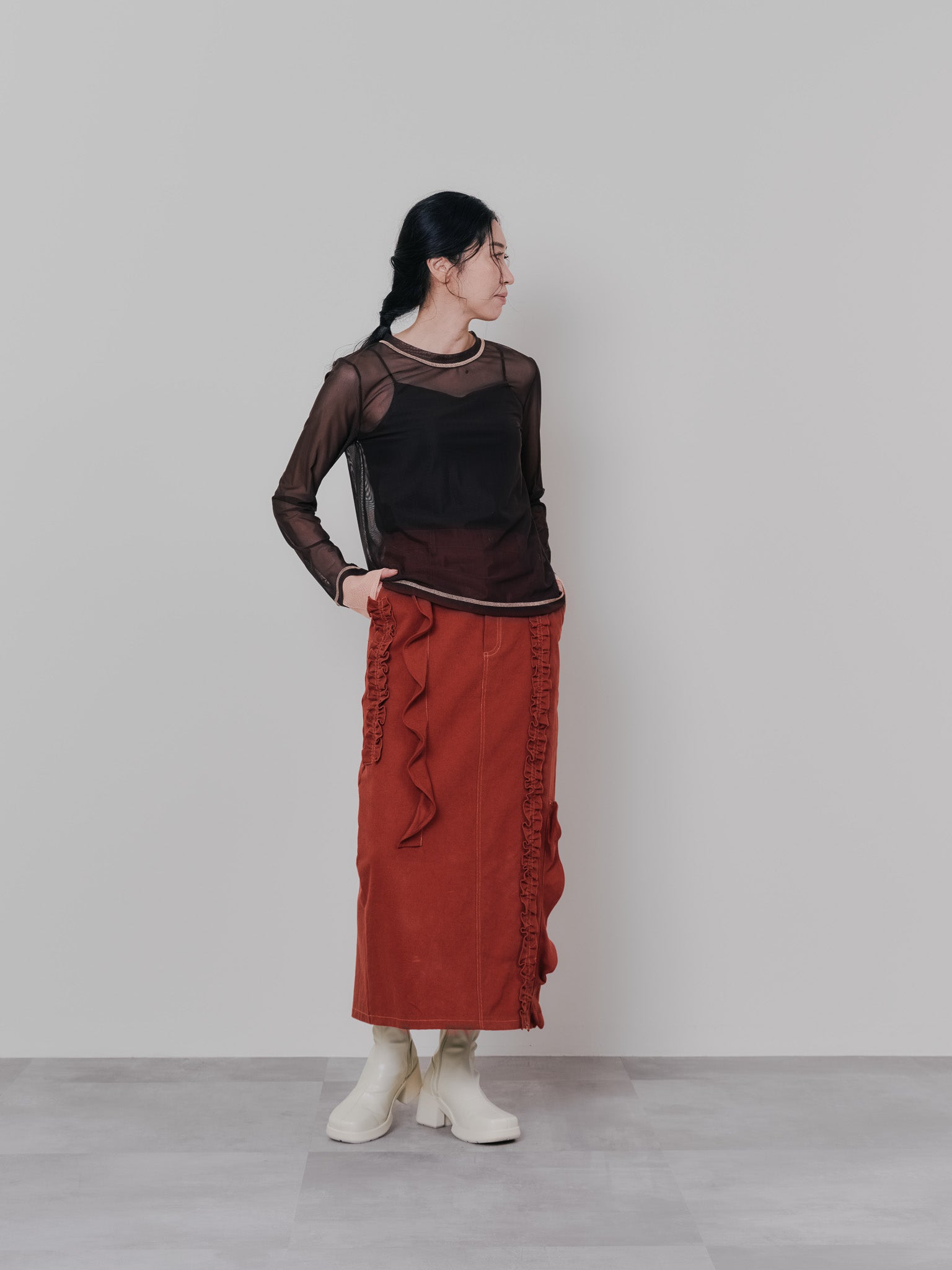スリーブメッシュ配色ステッチシアートップス [601352] brown
