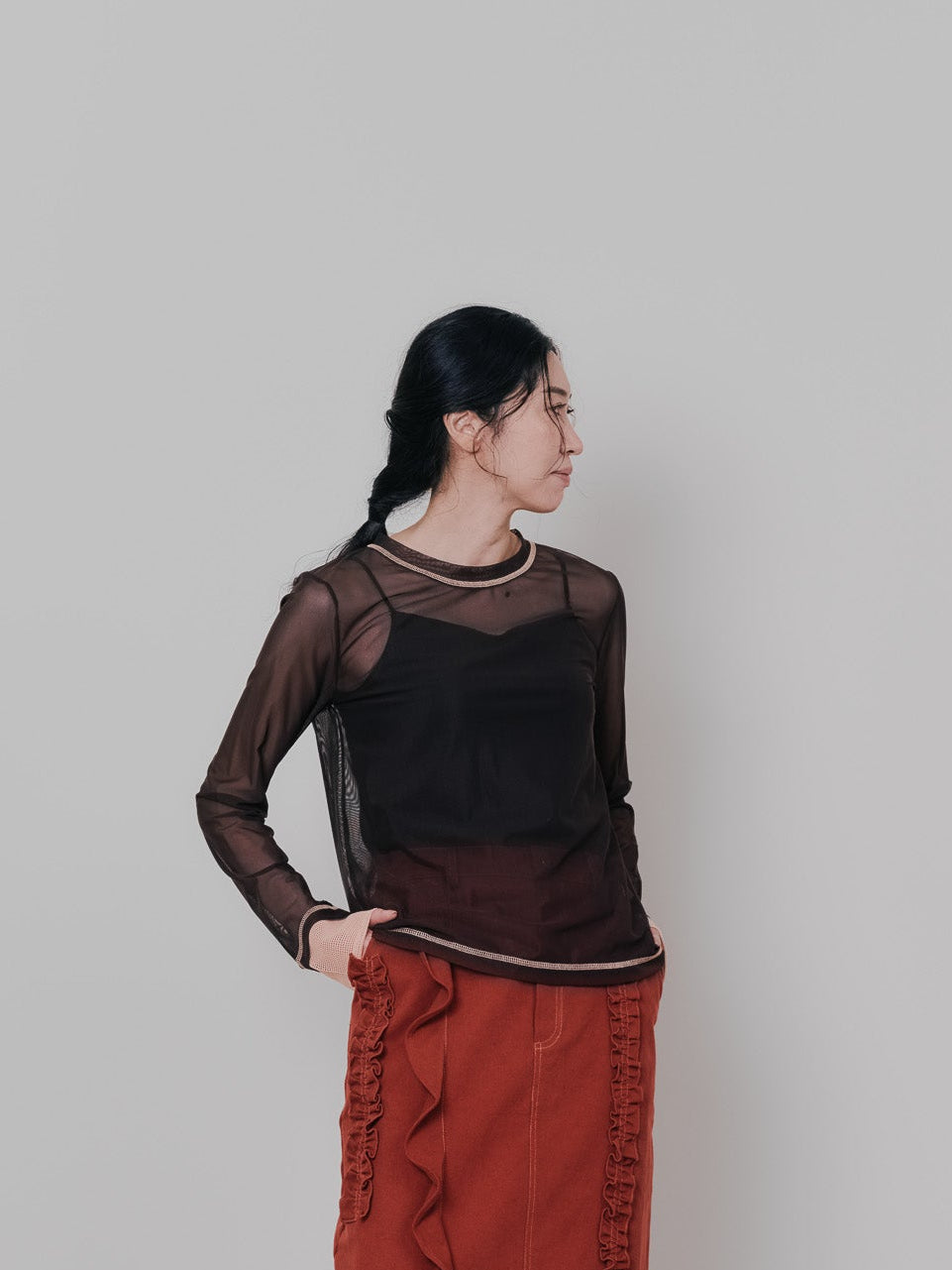 【TIME SALE 11/4まで!!】スリーブメッシュ配色ステッチシアートップス [601352] brown