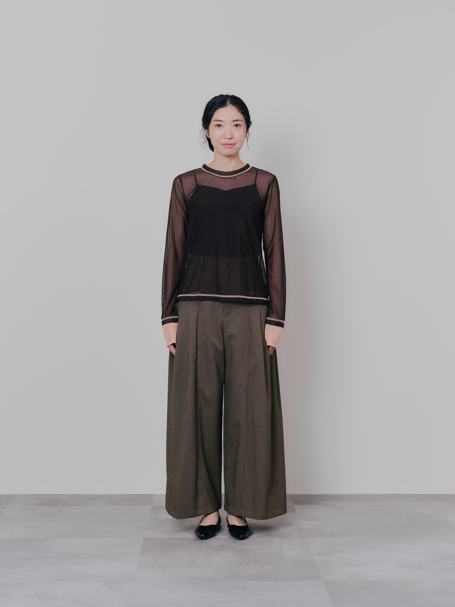 スリーブメッシュ配色ステッチシアートップス [601352] brown