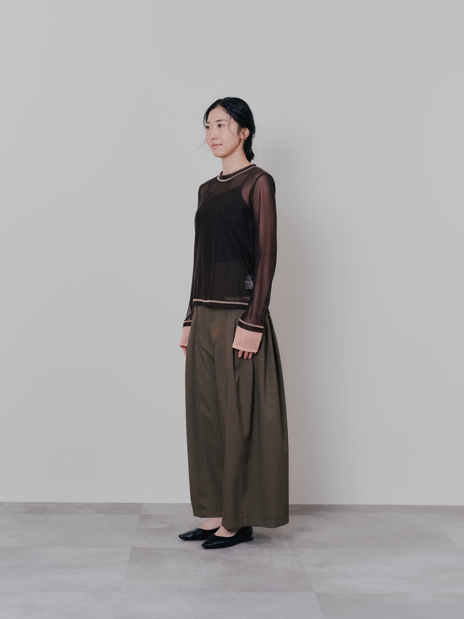 スリーブメッシュ配色ステッチシアートップス [601352] brown