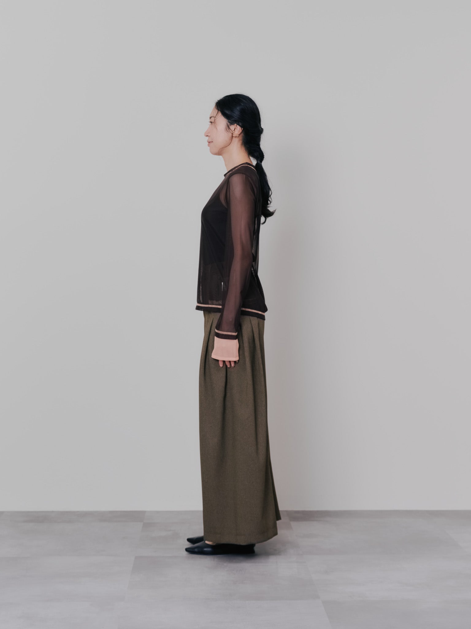 スリーブメッシュ配色ステッチシアートップス [601352] brown