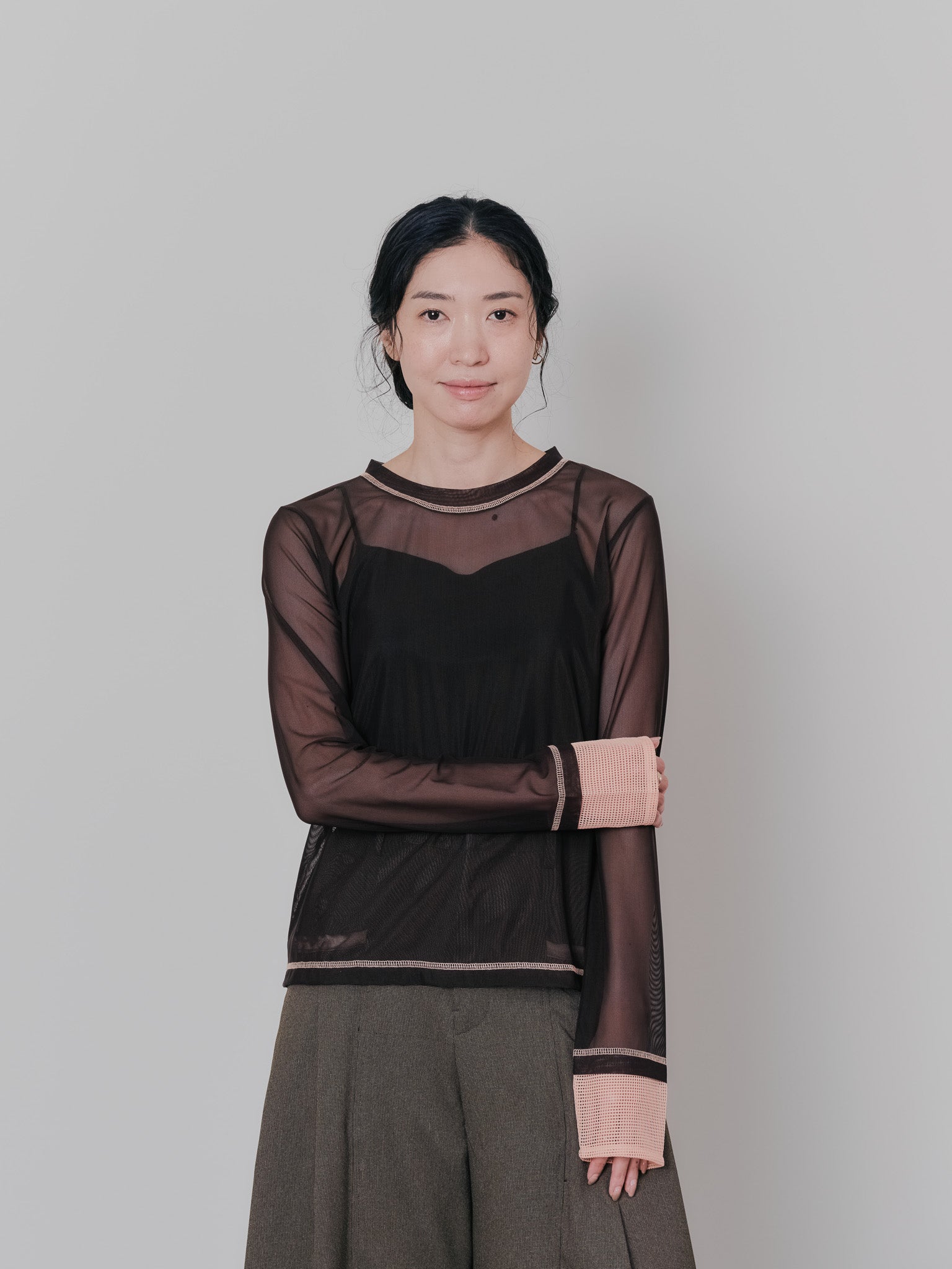 スリーブメッシュ配色ステッチシアートップス [601352] brown