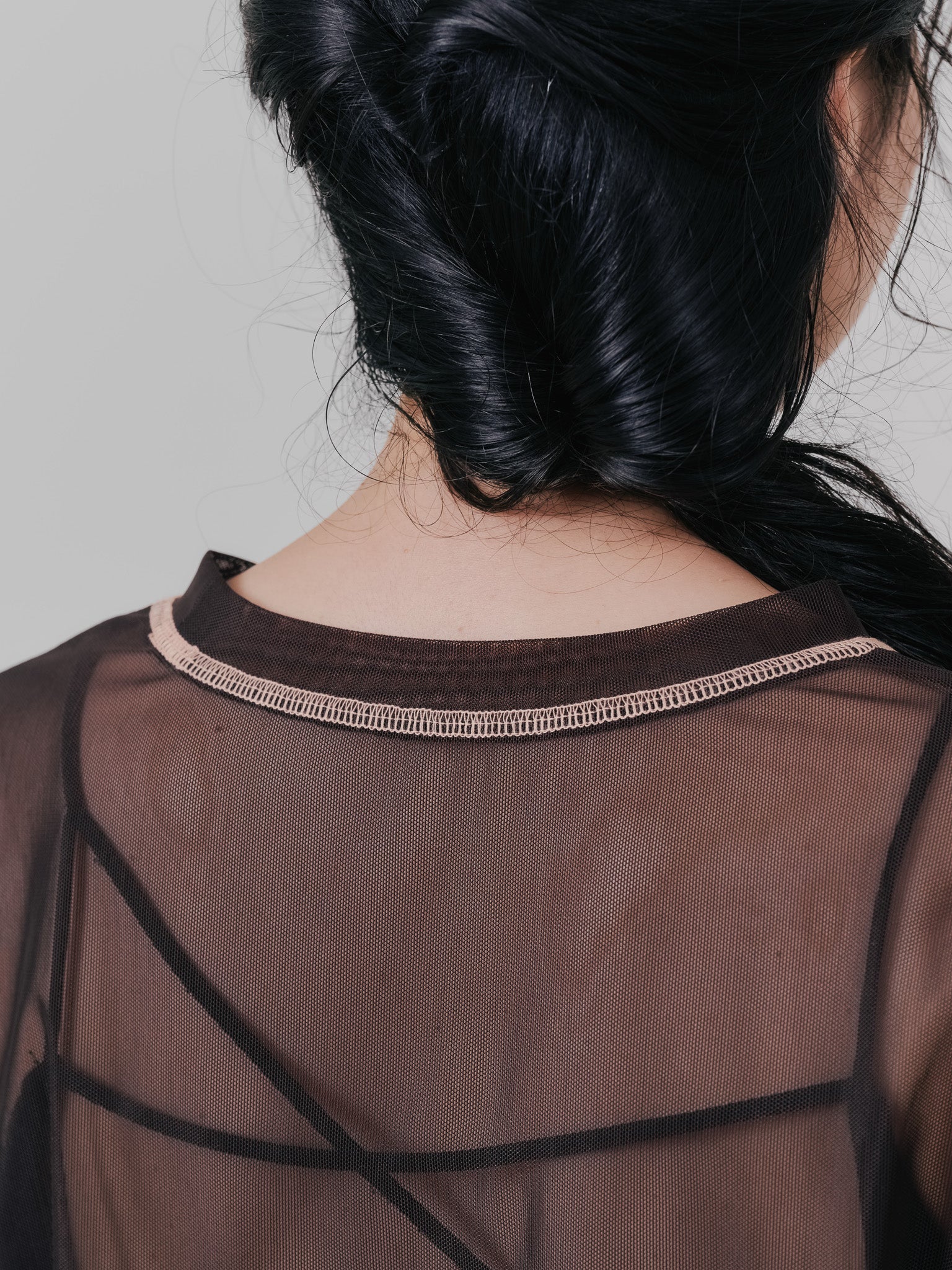 スリーブメッシュ配色ステッチシアートップス [601352] brown