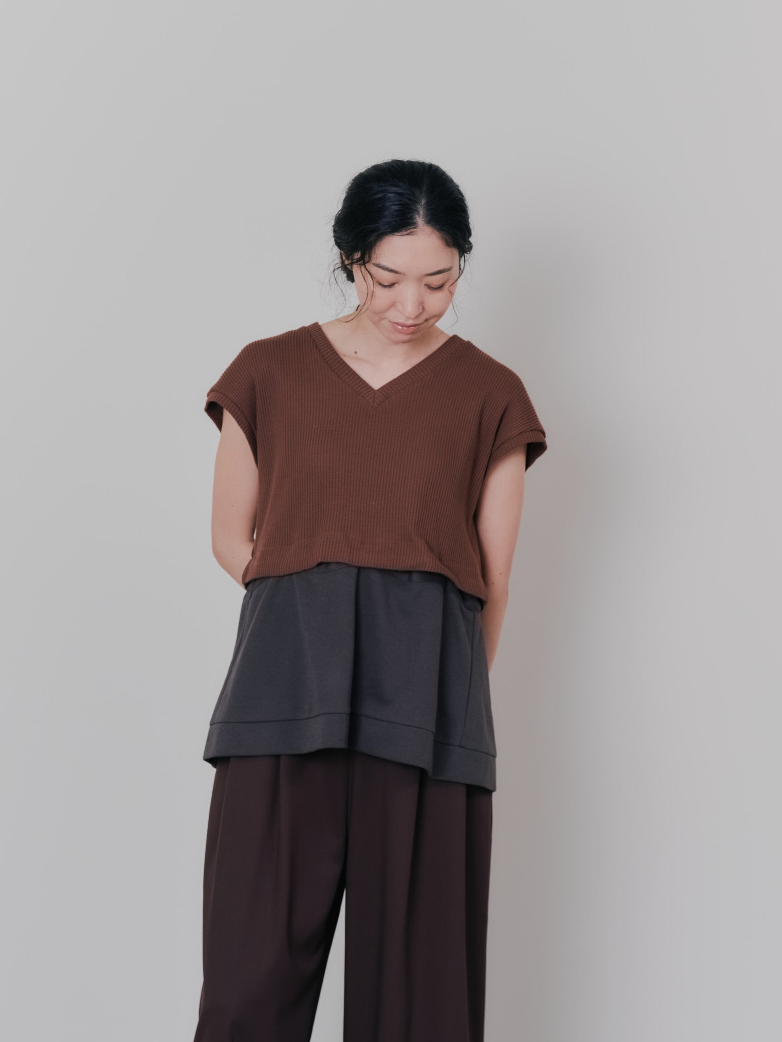 ヘム2WAYワッフルベスト [601355] brown