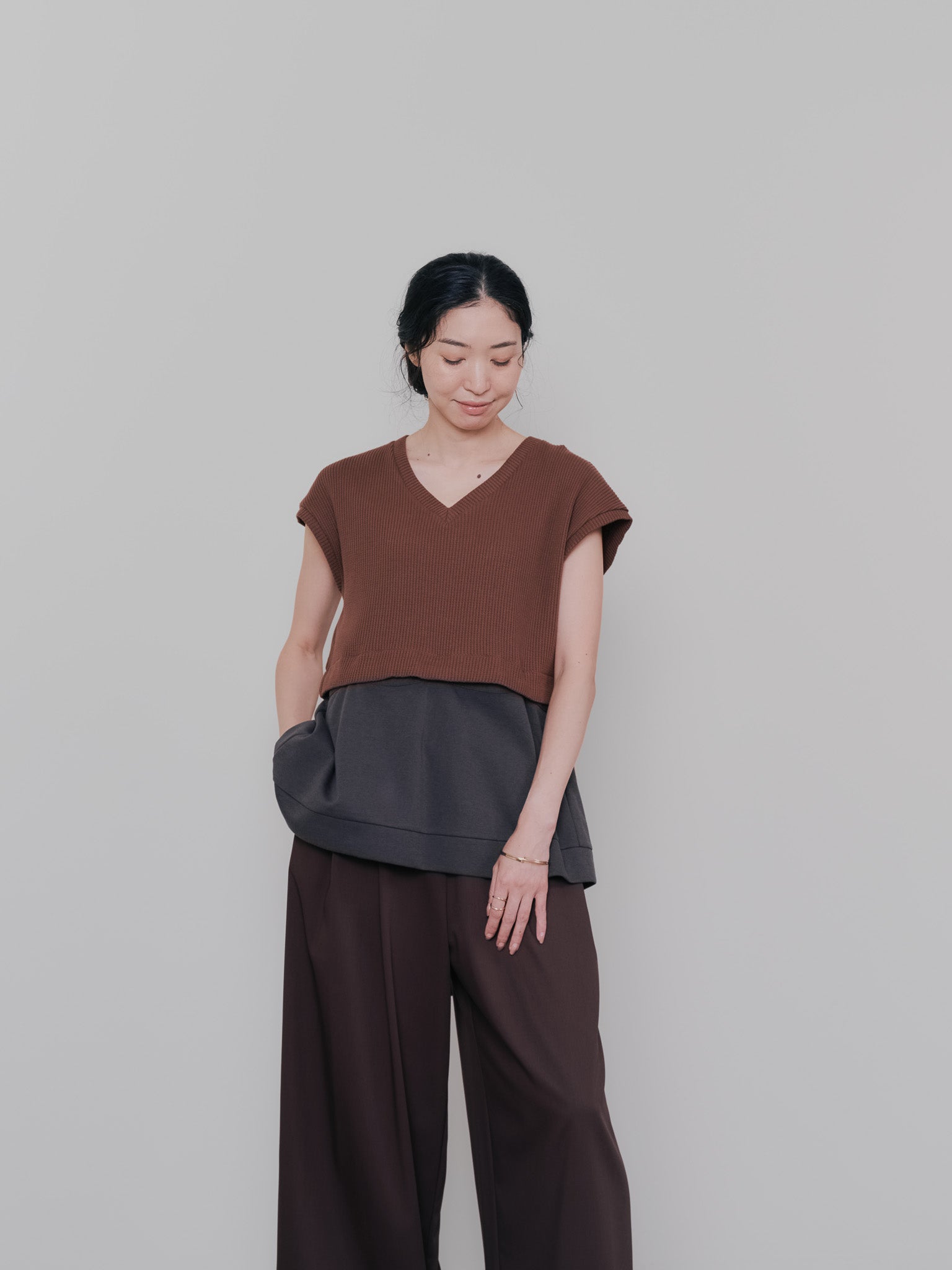 ヘム2WAYワッフルベスト [601355] brown