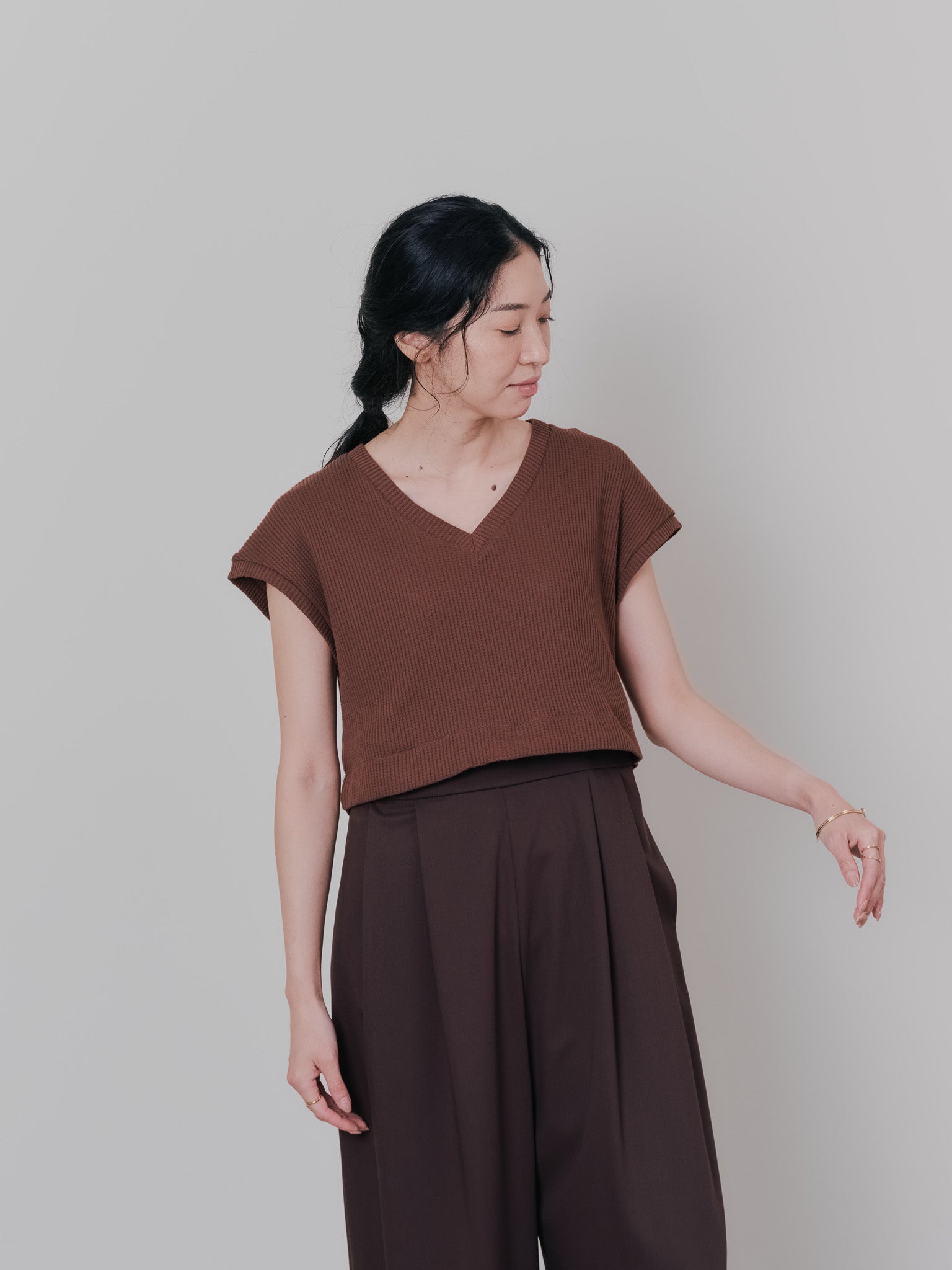 ヘム2WAYワッフルベスト [601355] brown