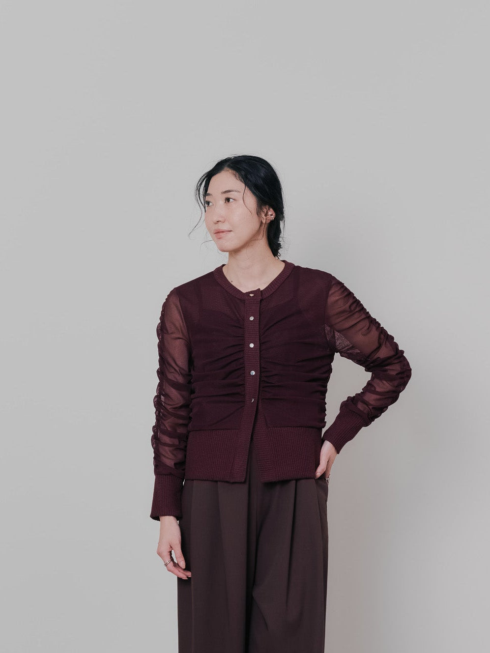 【-PRE SALE- 12/15 18:00まで!!】チュールギャザーカーディガン [601372] bordeaux