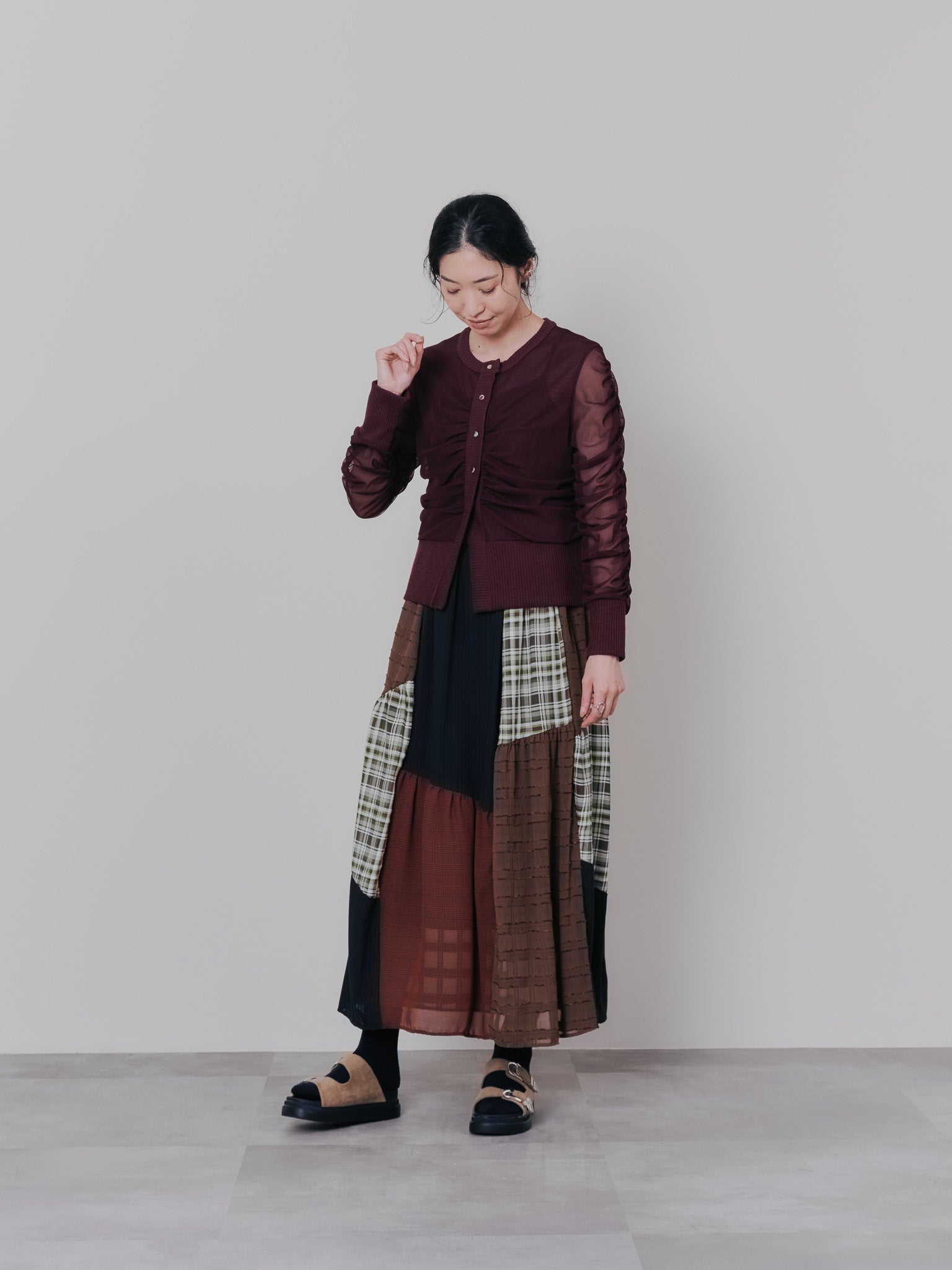 ミックスチェックギャザースカート [601361] brown