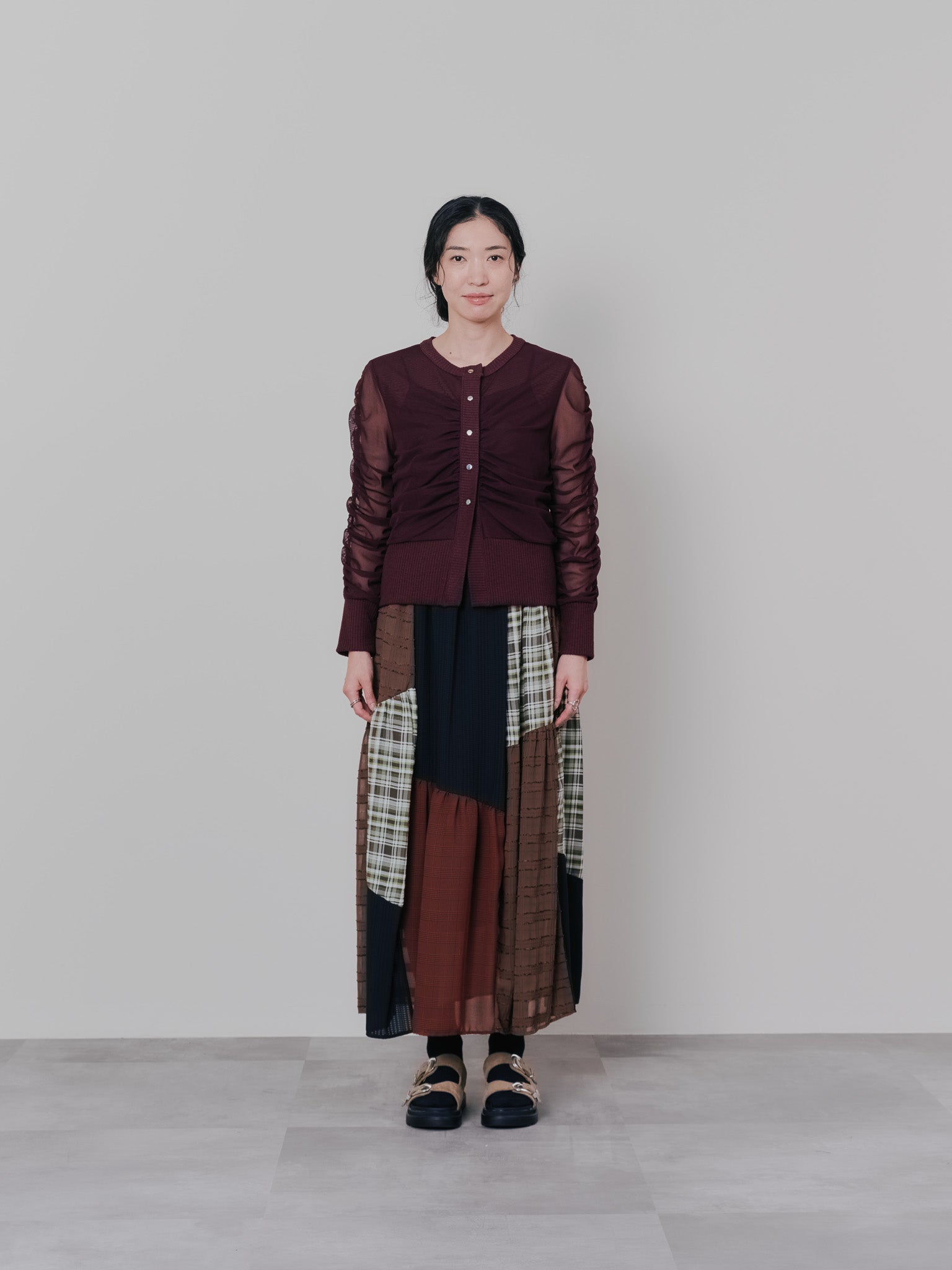 ミックスチェックギャザースカート [601361] brown