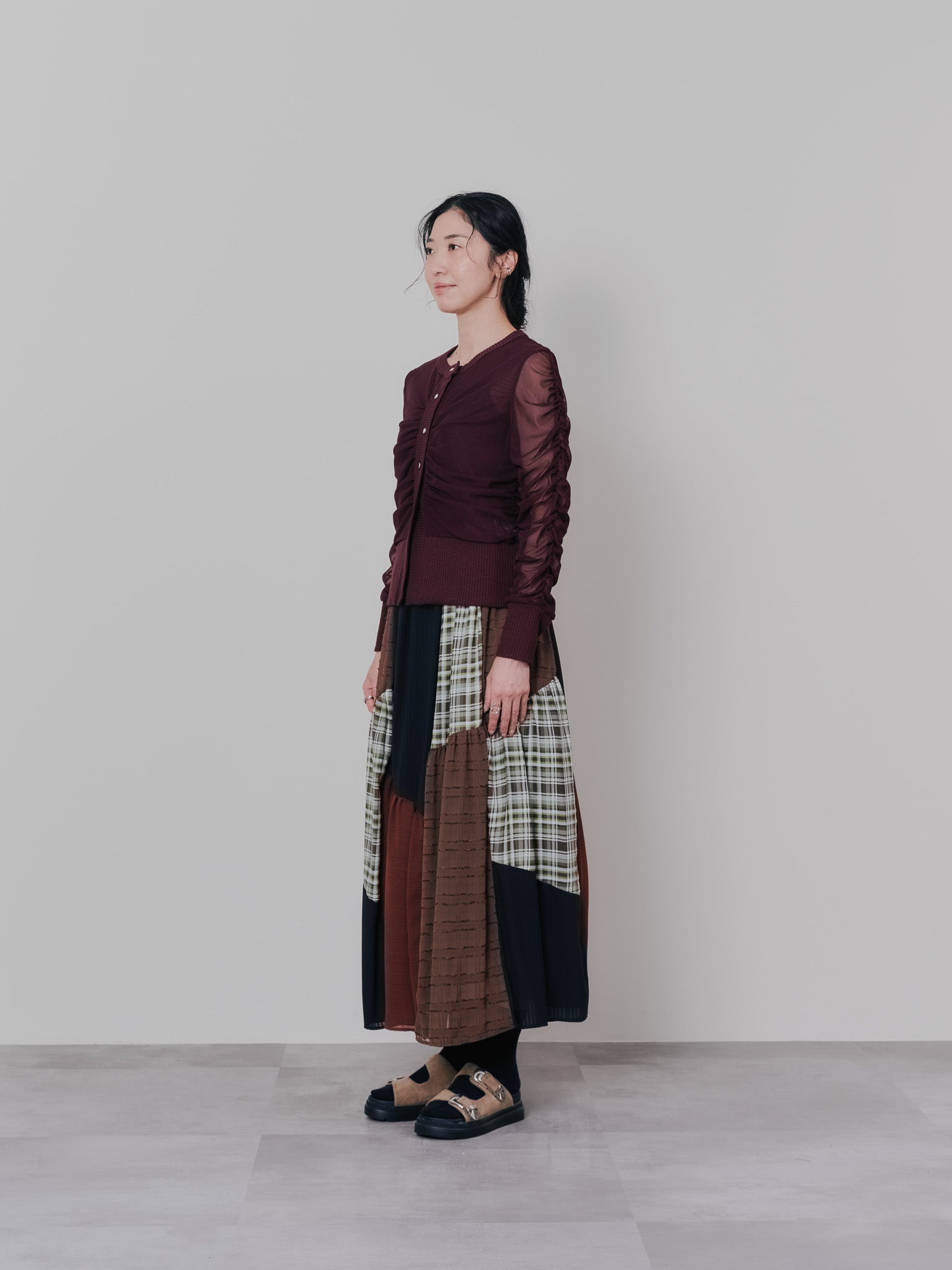 ミックスチェックギャザースカート [601361] brown