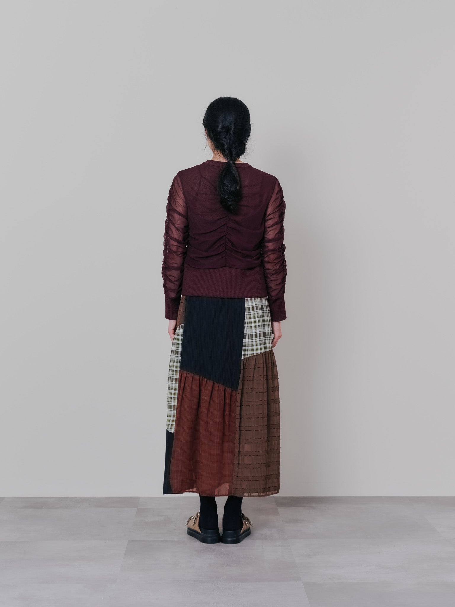 ミックスチェックギャザースカート [601361] brown