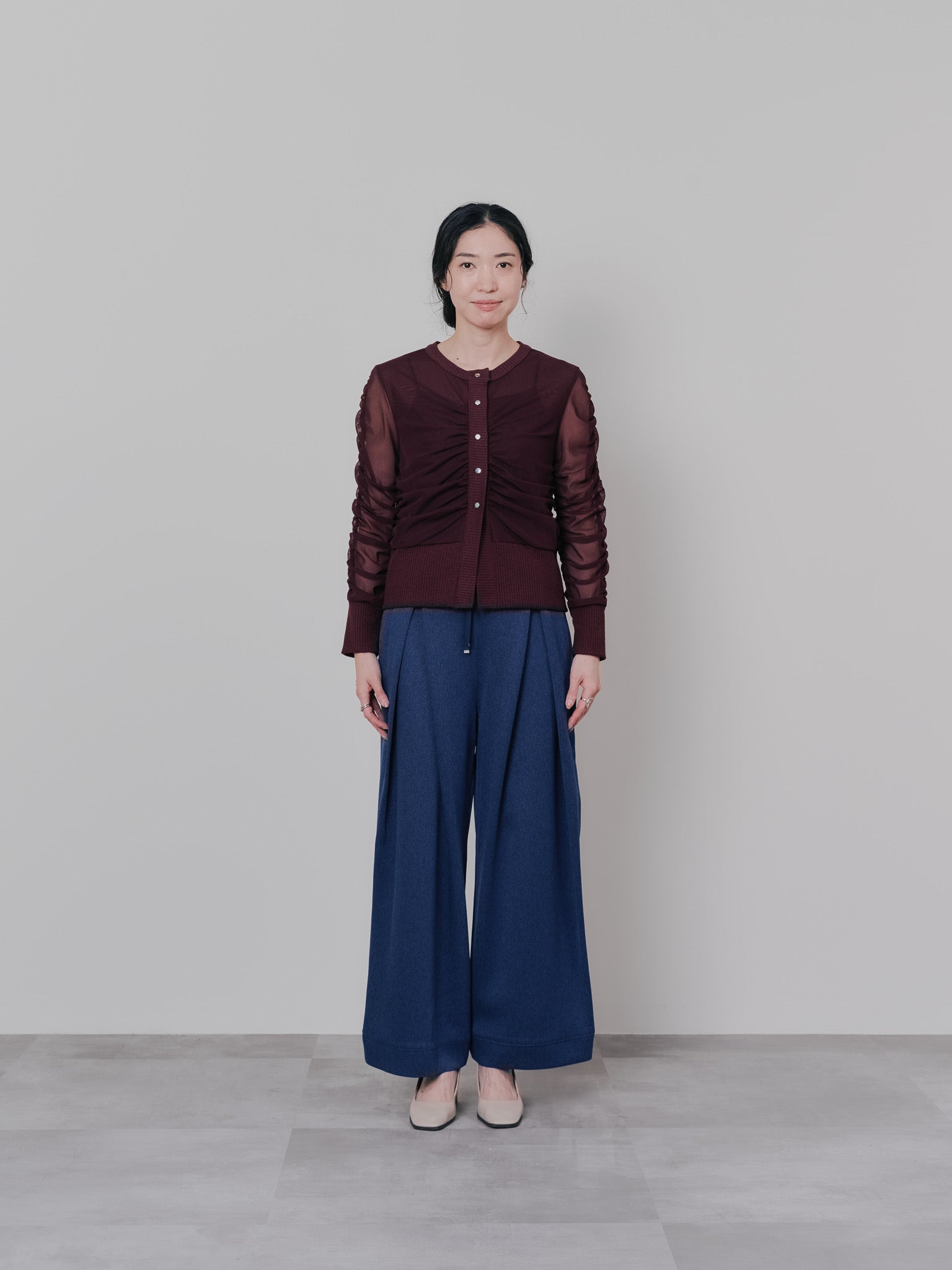 フロントリボンワイドタックパンツ [603330] navy
