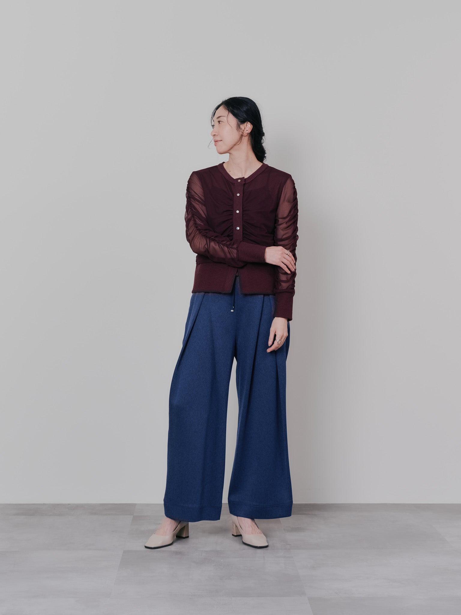 フロントリボンワイドタックパンツ [603330] navy
