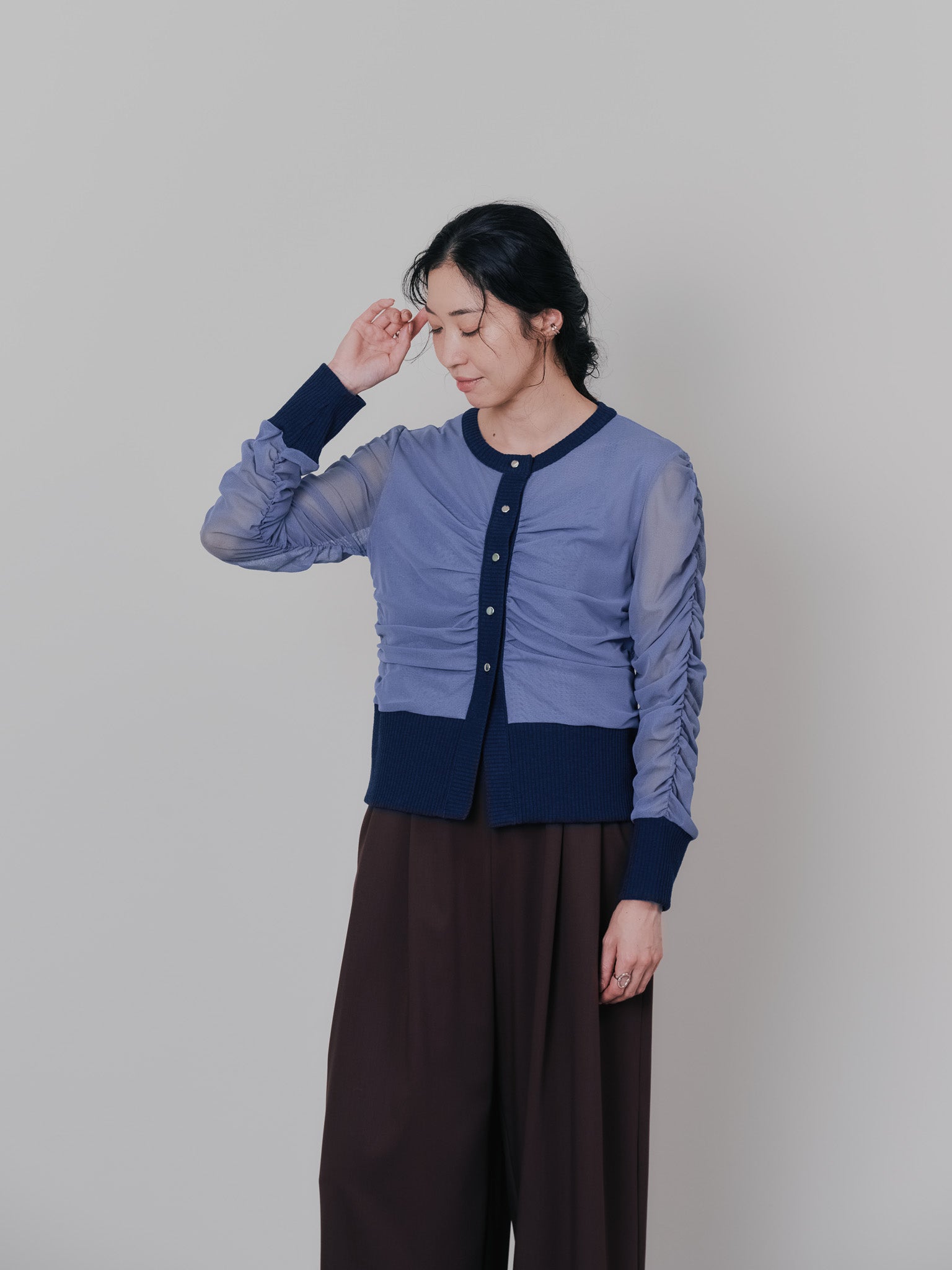 【SALE】チュールギャザーカーディガン [601372] grey blue