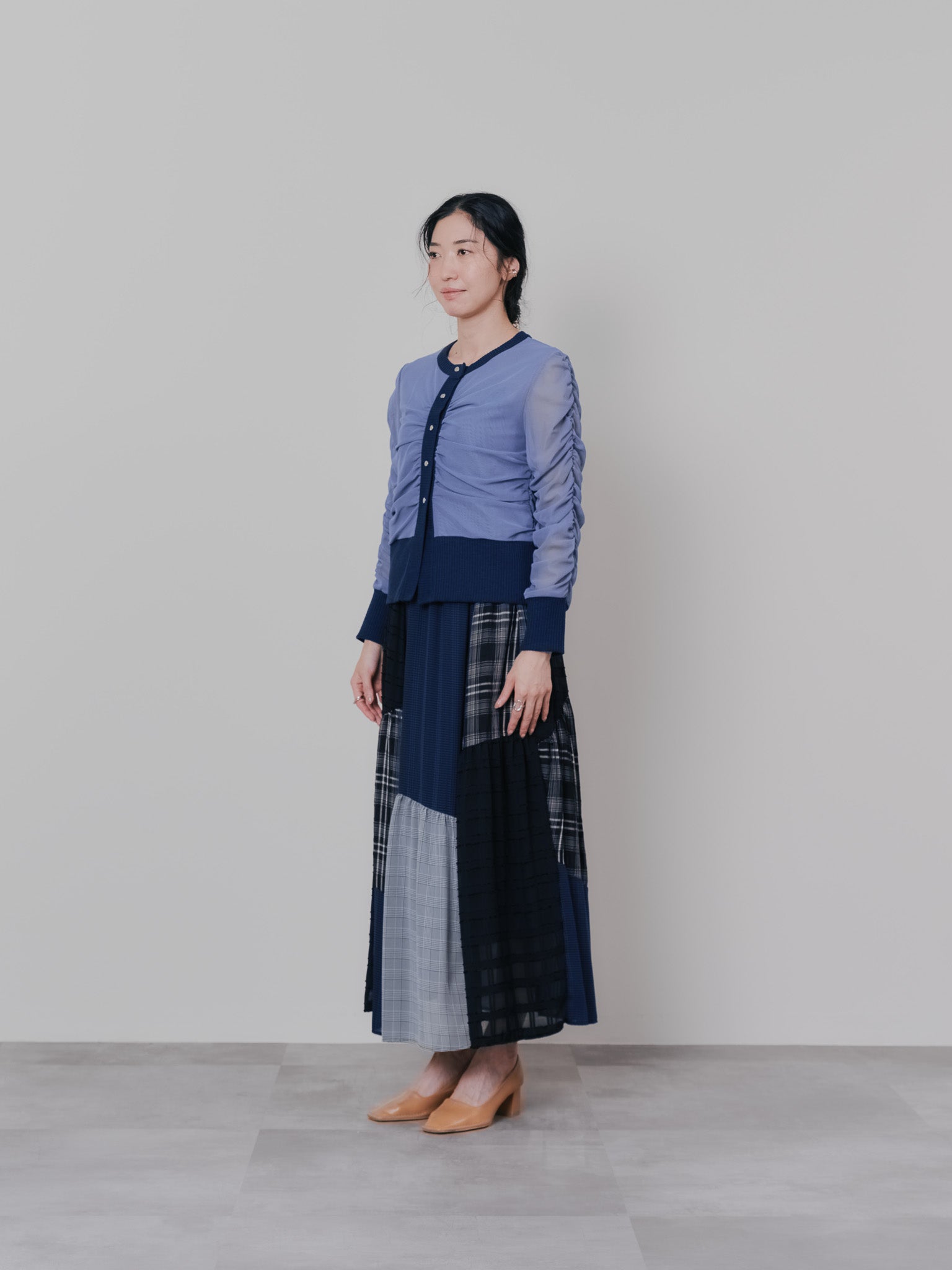 チュールギャザーカーディガン [601372] grey blue