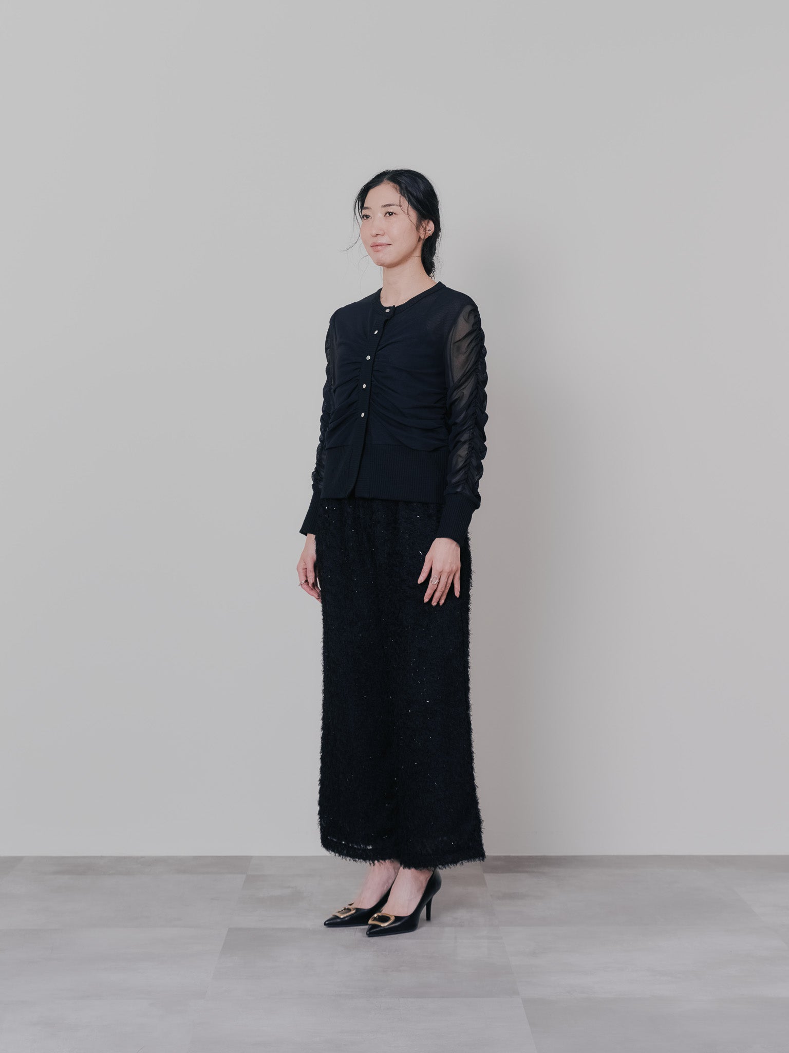 チュールギャザーカーディガン [601372] black