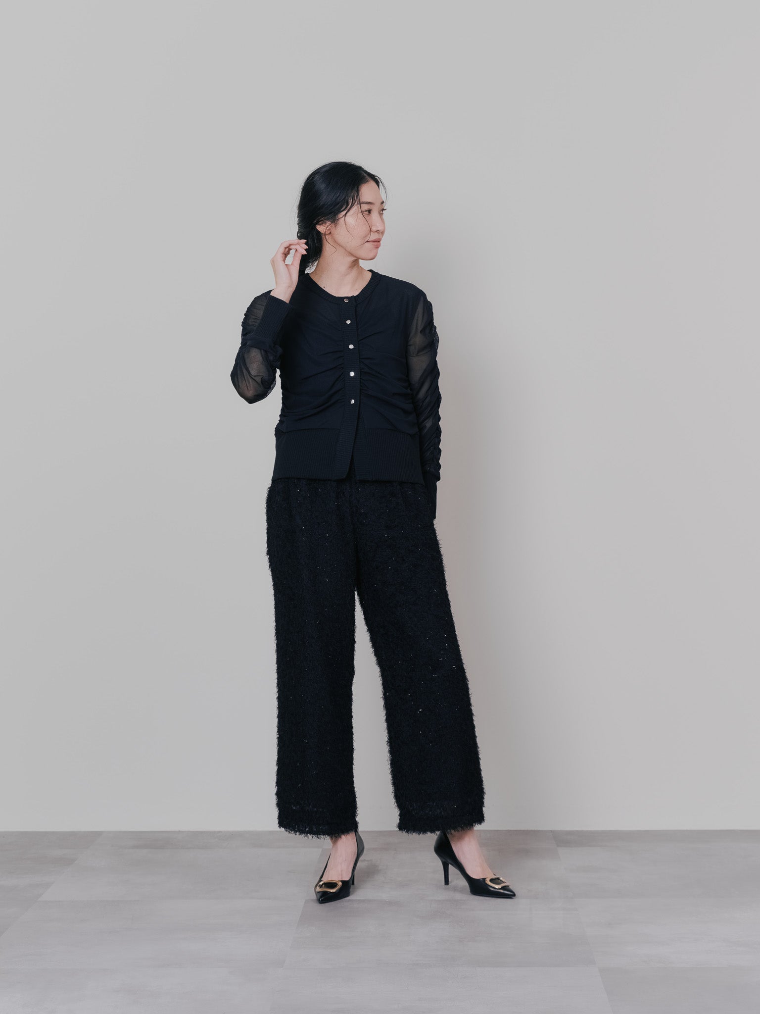 チュールギャザーカーディガン [601372] black