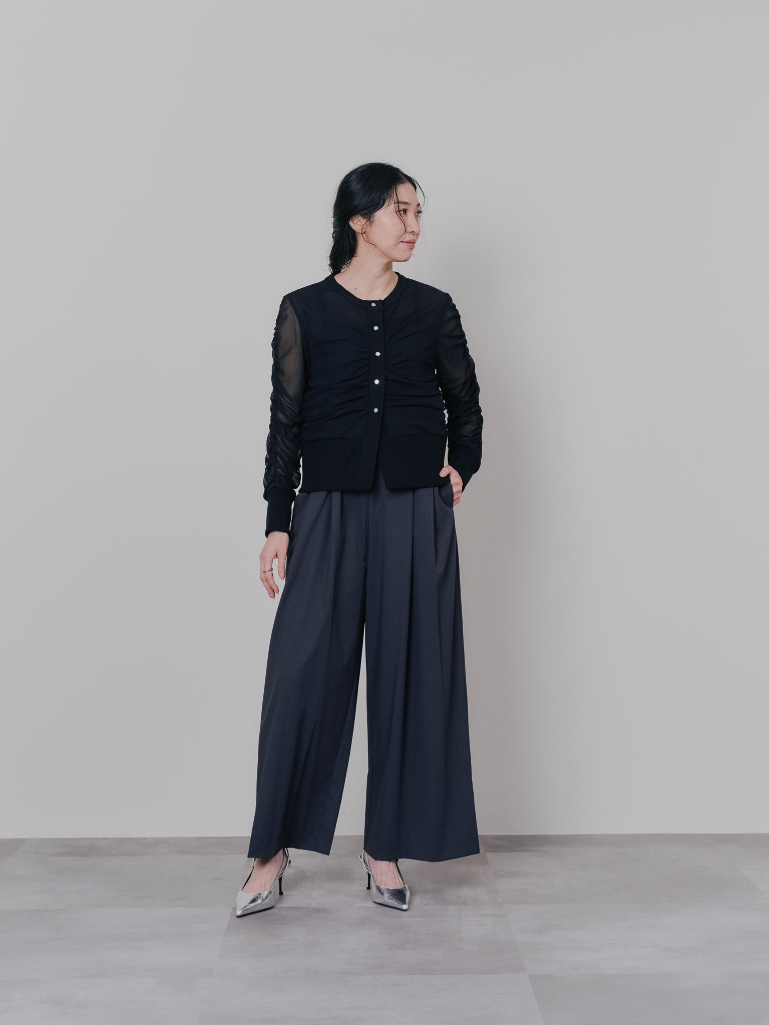 チュールギャザーカーディガン [601372] black