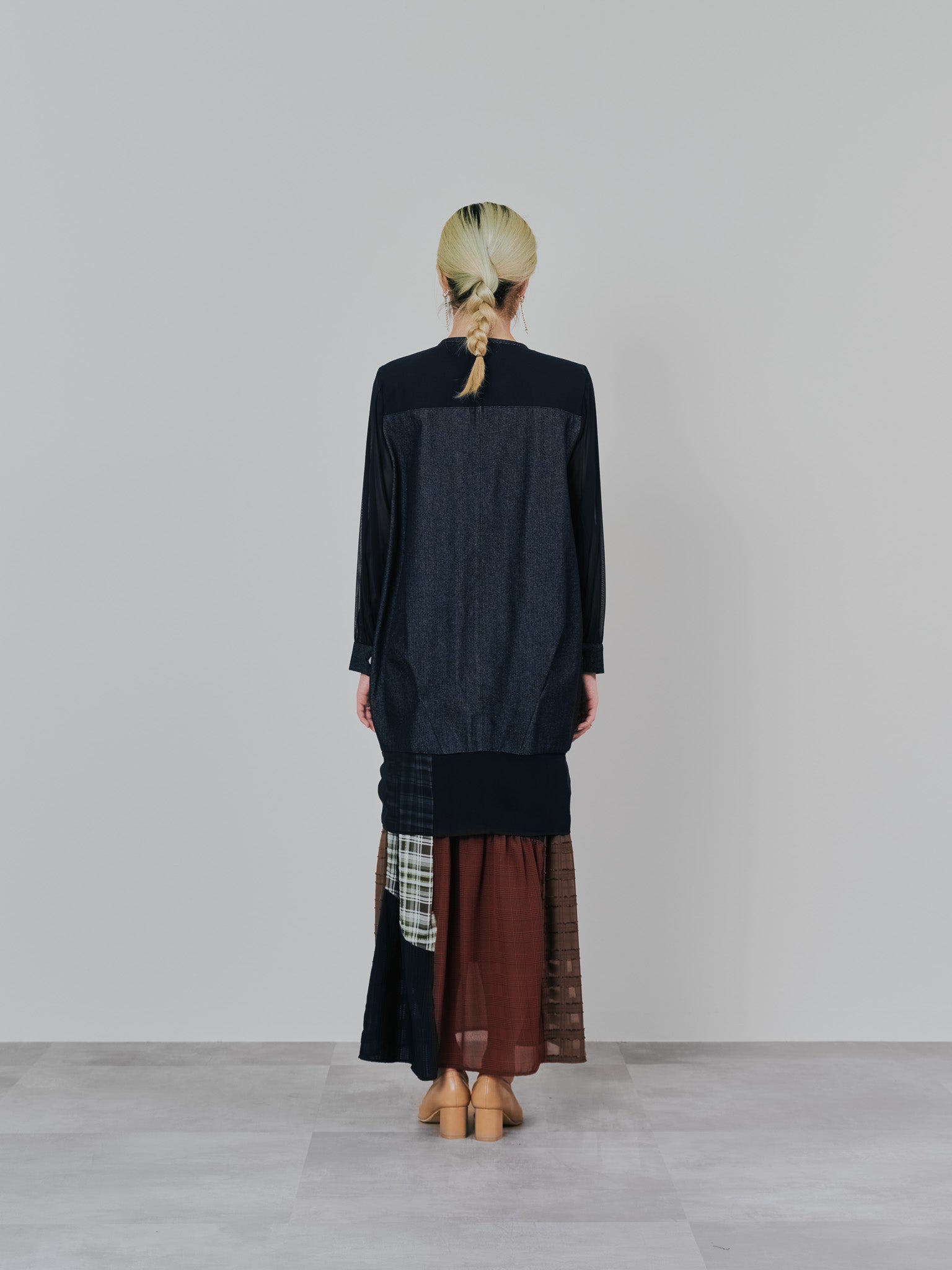 ミックスチェックギャザースカート [601361] brown