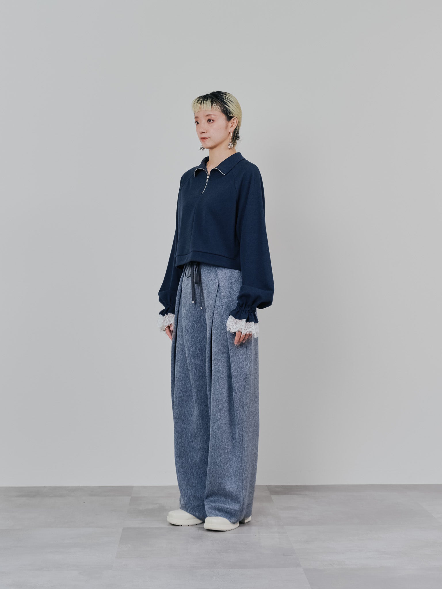 ハーフジップ配色レーストップス [605529] dark navy